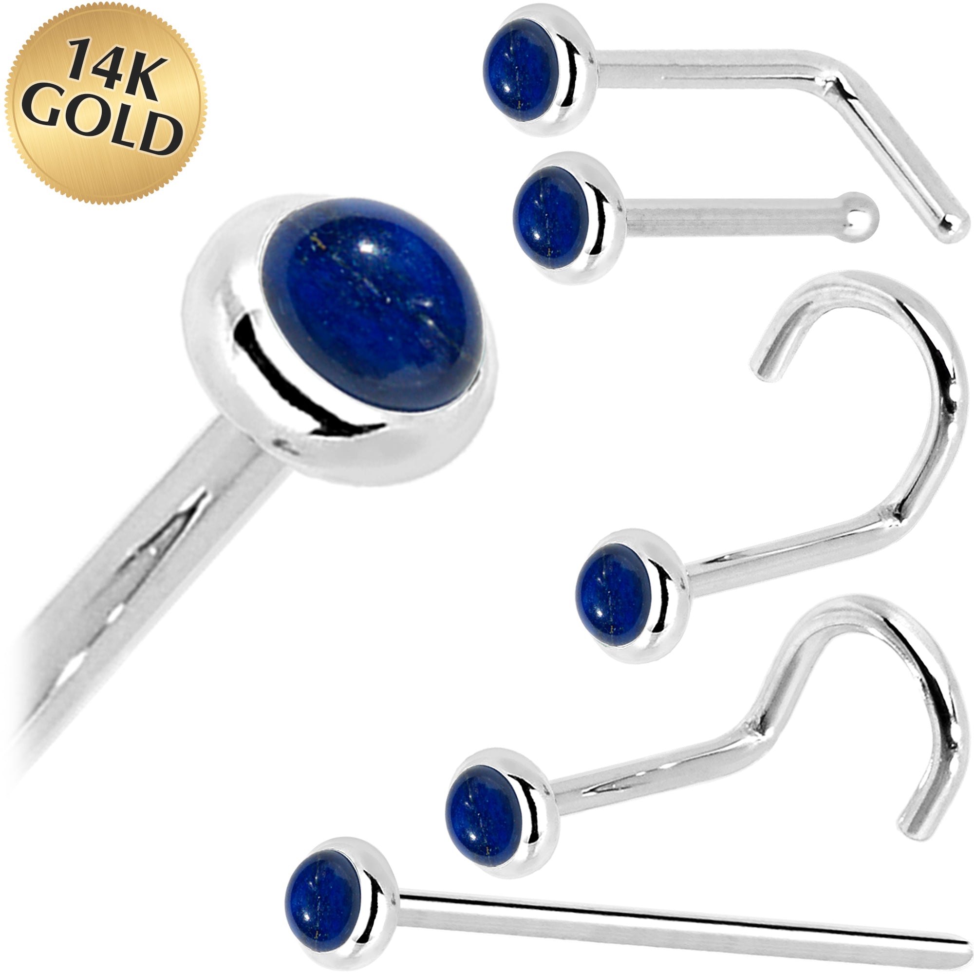 Solid 14KT White Gold 2mm Lapis Lazuli Nose Bone 18 Gauge