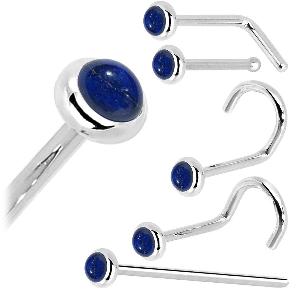 Solid 14KT White Gold 2mm Lapis Lazuli Straight Nose Ring