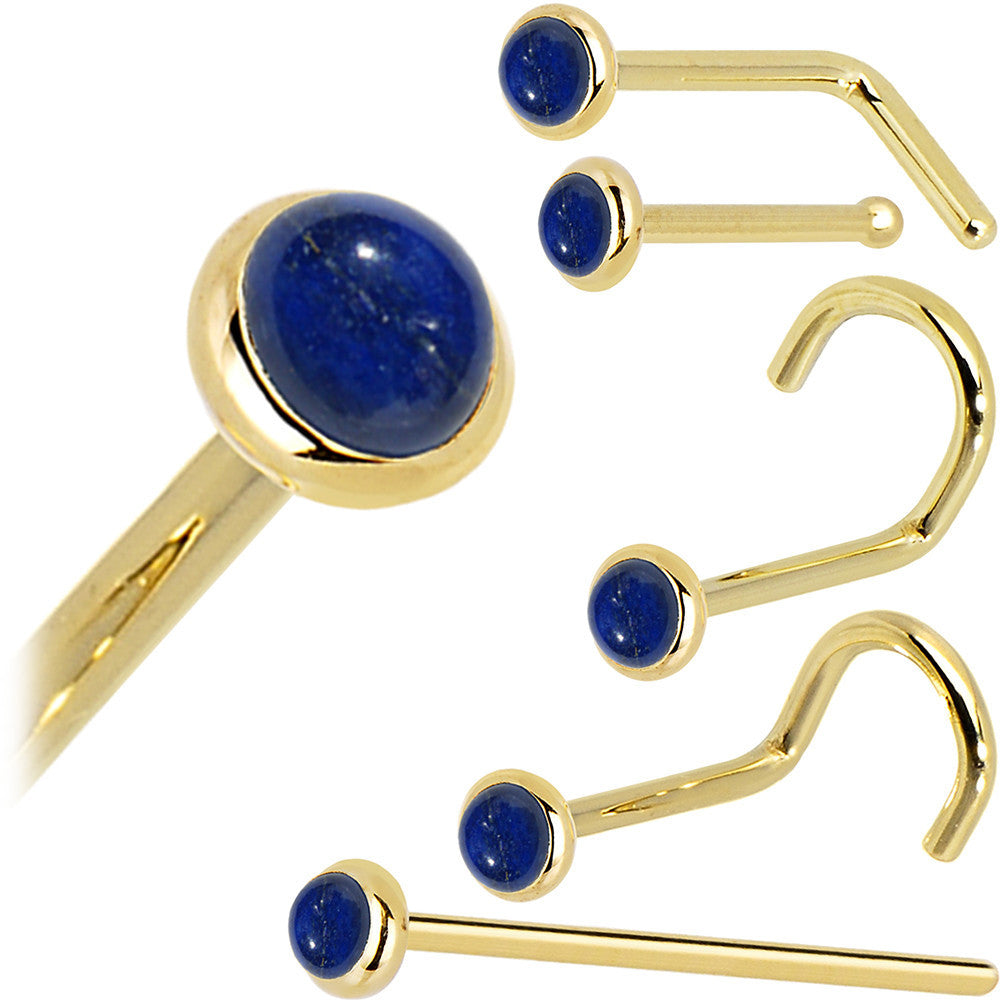 Solid 14KT Yellow Gold 2mm Lapis Lazuli Straight Nose Ring