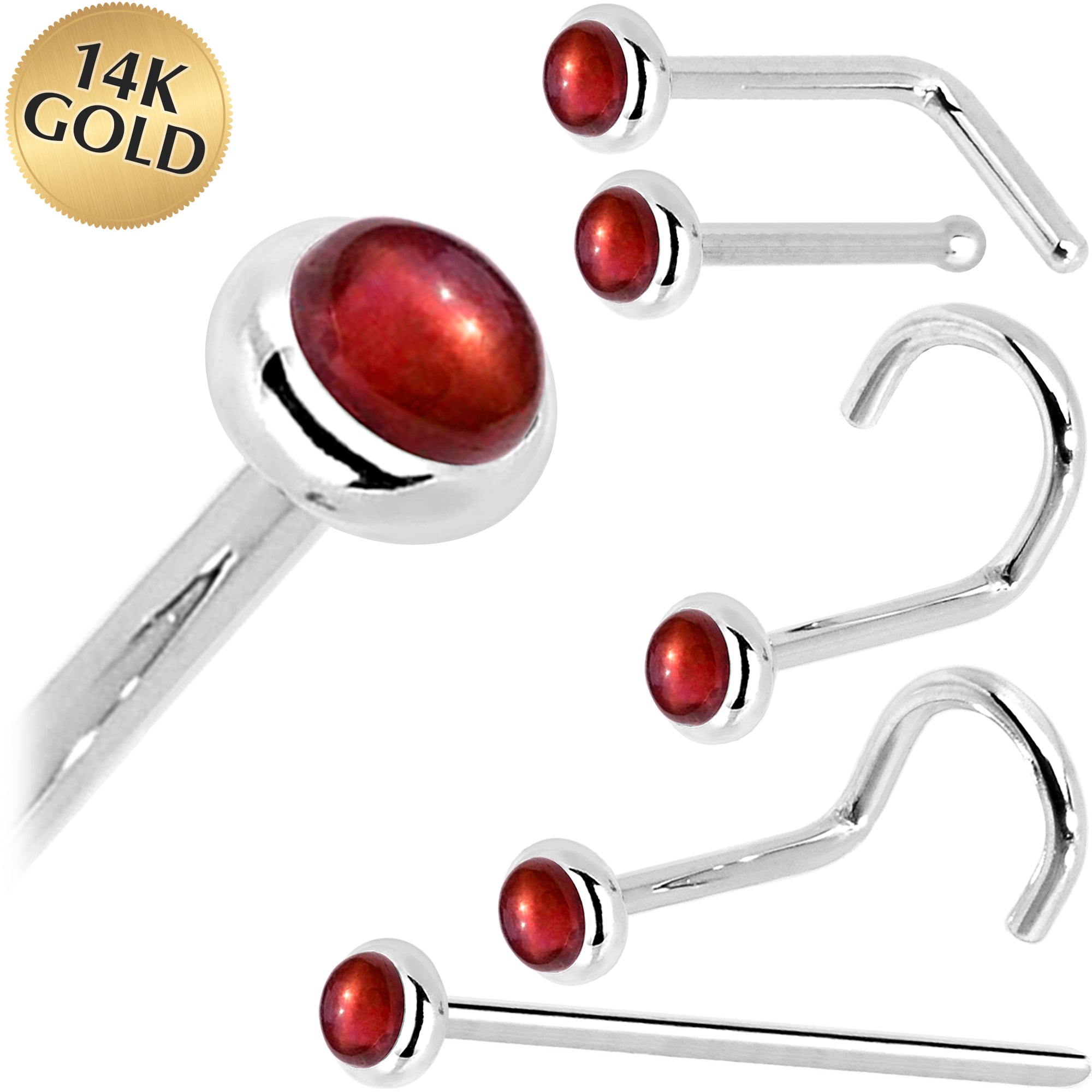 Solid 14KT White Gold 2mm Red Garnet Nose Ring in 18 Gauge