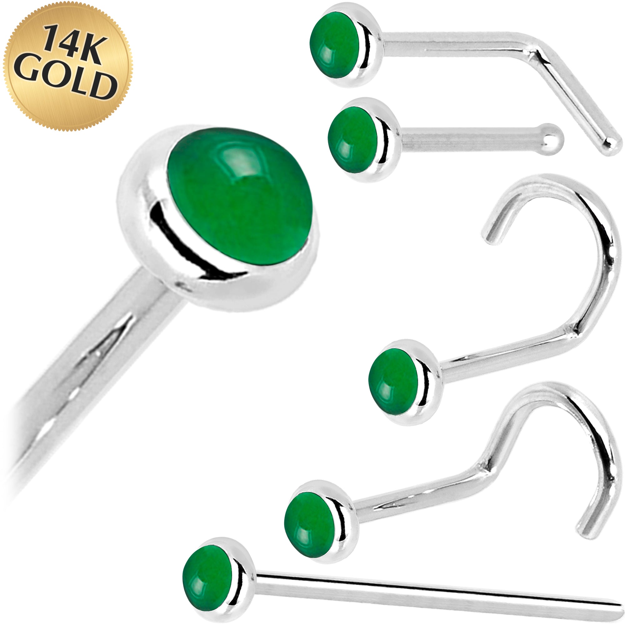 Solid 14KT White Gold 2mm Jade Nose Ring 18 gauge