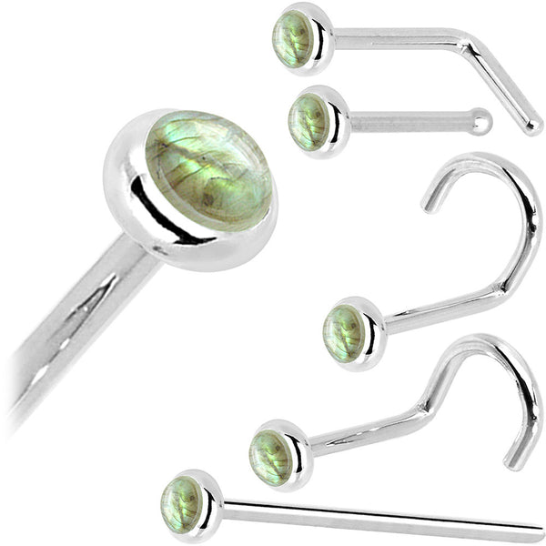 Solid 14KT White Gold 2mm Labradorite Nose Ring