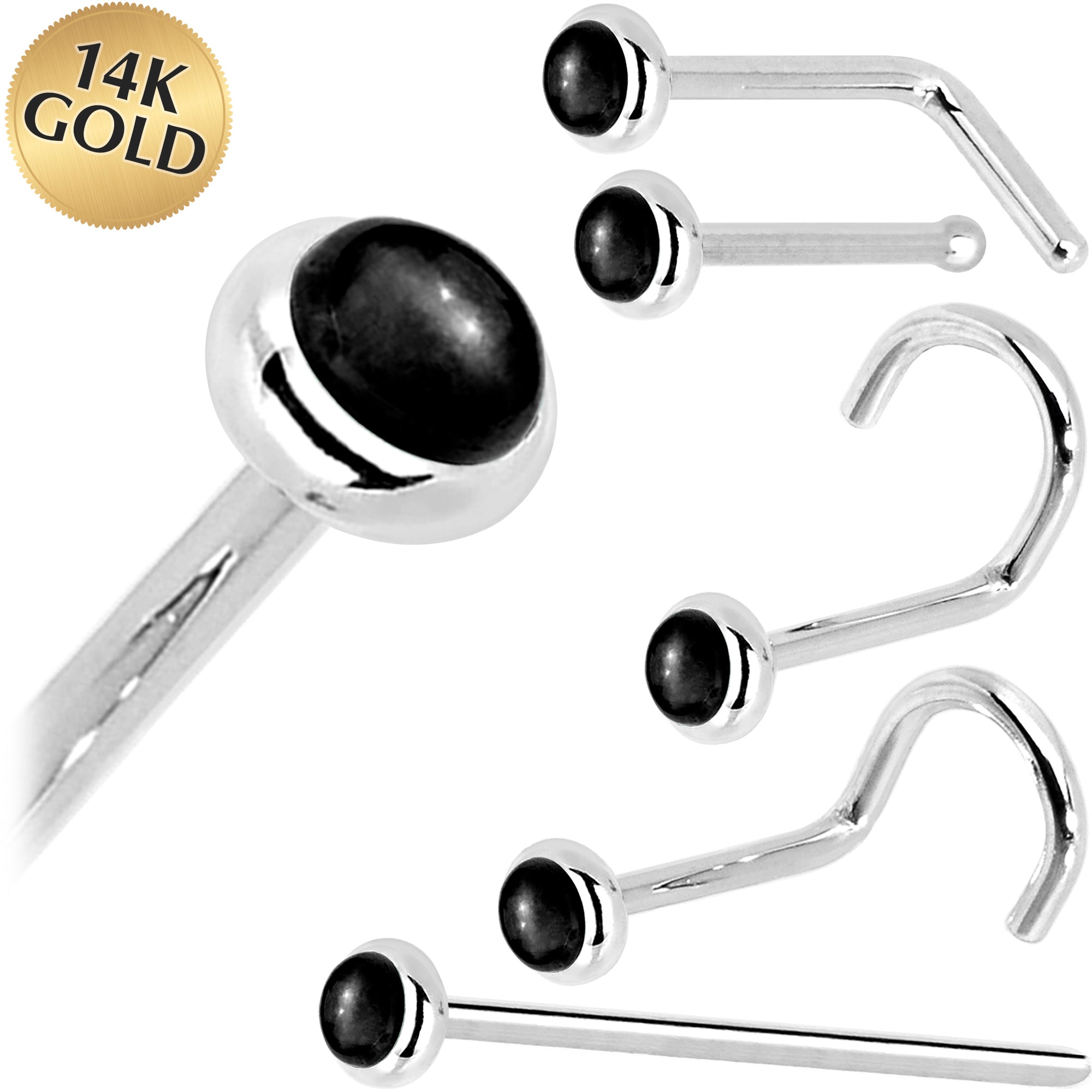 Solid 14KT White Gold 2mm Onyx Nose Ring 18 Gauge