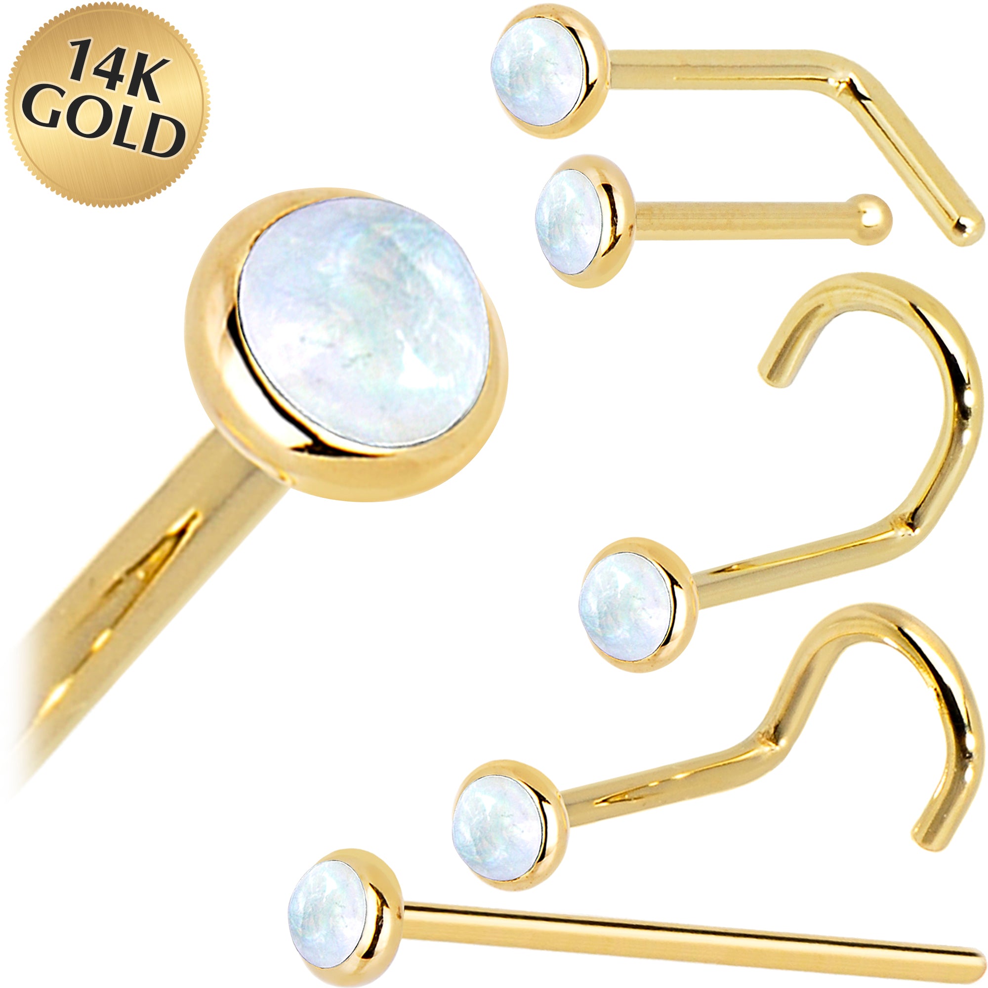 Solid 14KT Yellow Gold 2mm Rainbow Moonstone Nose Ring 18 Gauge