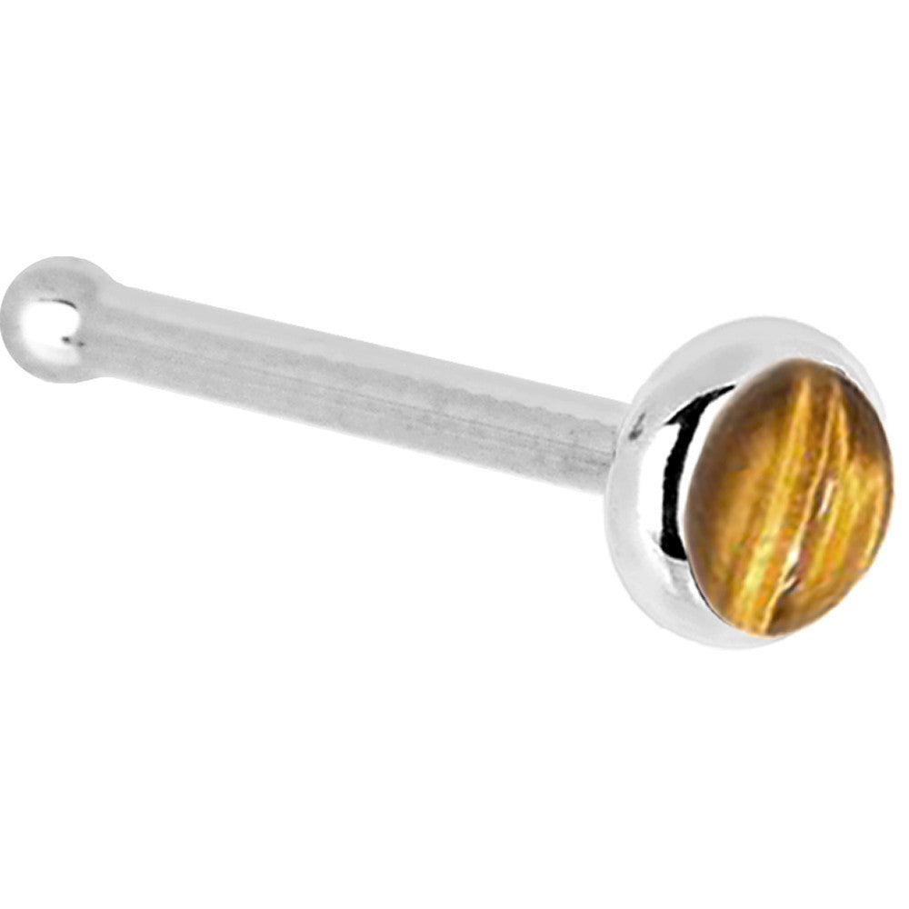 Solid 14KT White Gold 2mm Tiger Eye Nose Ring 20 gauge