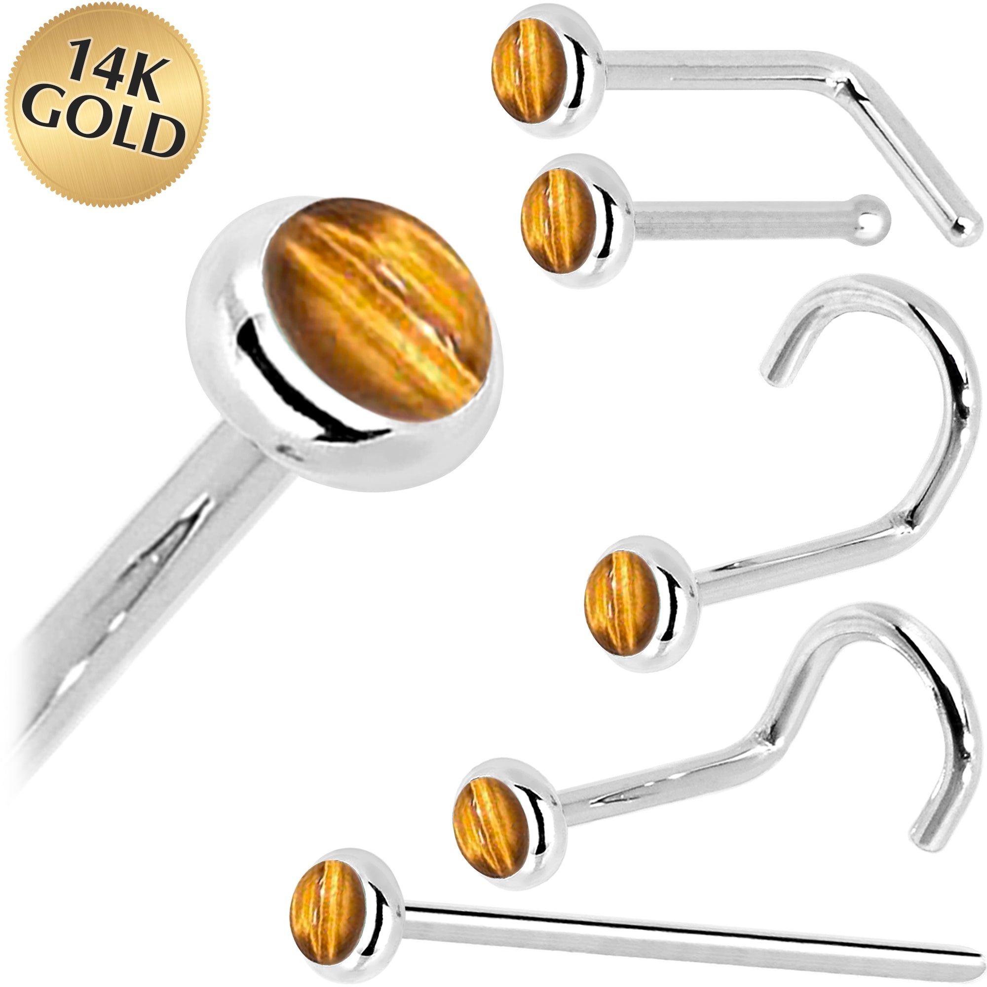 Solid 14KT White Gold 2mm Tiger Eye Nose Ring 18 gauge