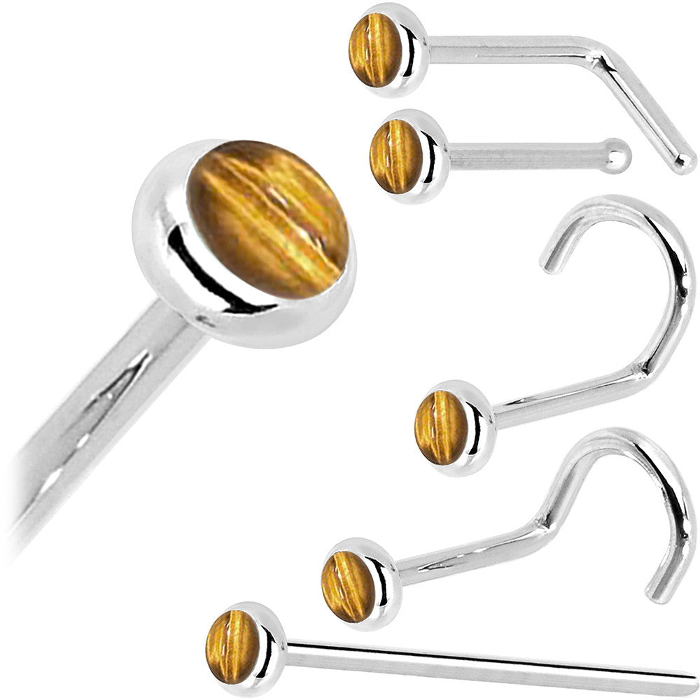 Solid 14KT White Gold 2mm Tiger Eye Nose Ring