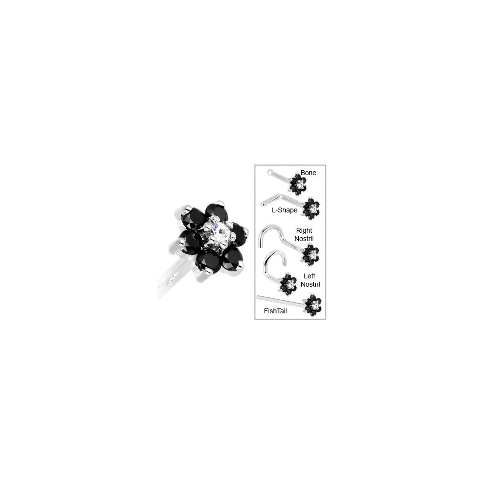 14KT White Gold Black and Clear CZ Flower L-Shape Nose Ring