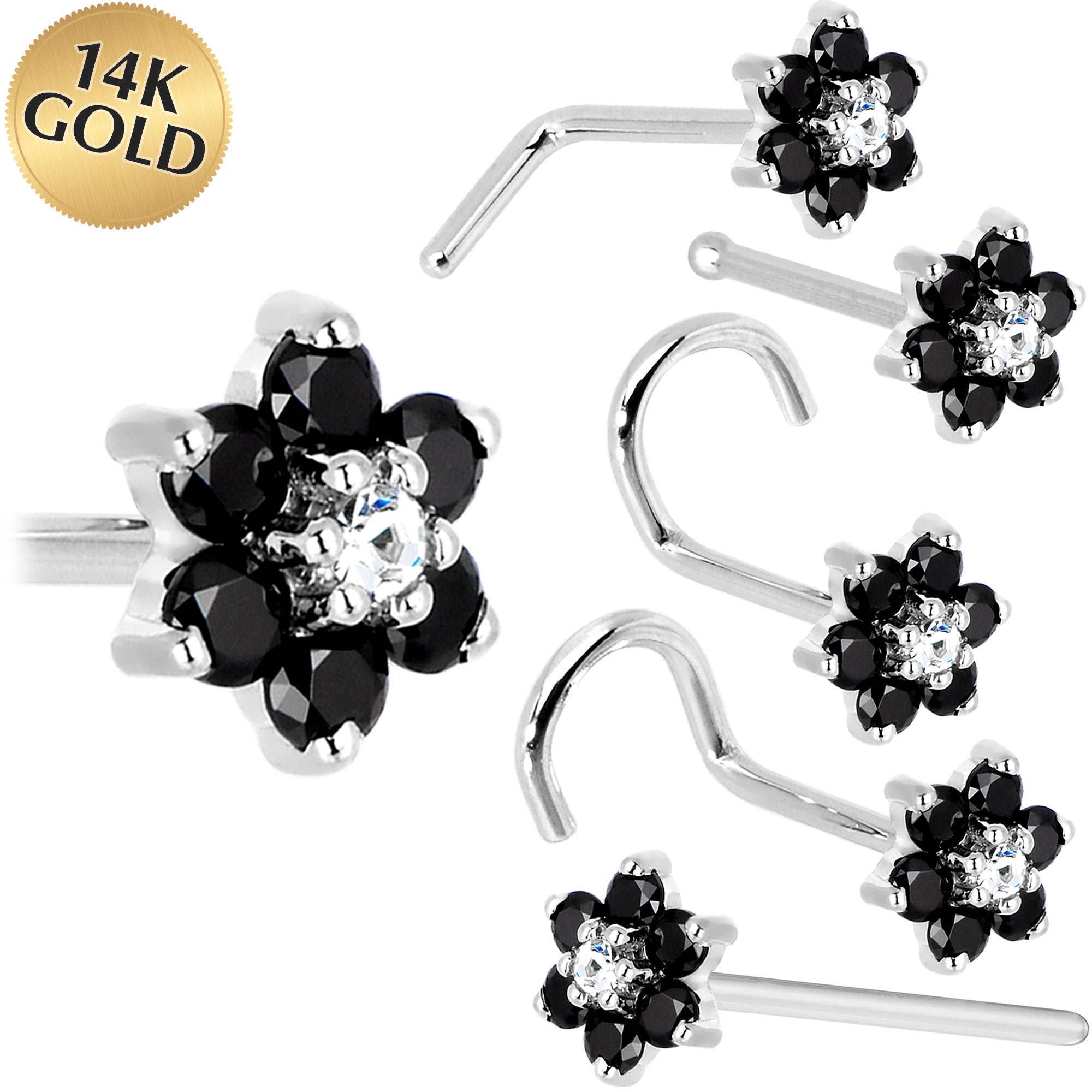 Solid 14KT White Gold Black and Clear Cubic Zirconia Flower Nose Ring 18 Gauge