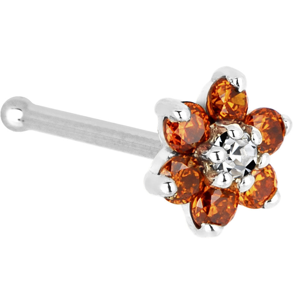 Solid 14KT White Gold Orange and Clear Cubic Zirconia Flower Nose Ring Nose Screw