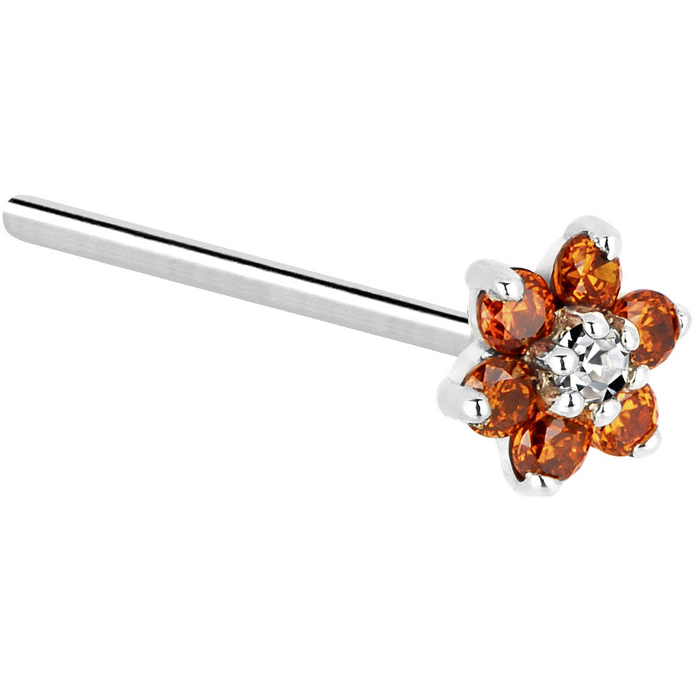 Solid 14KT White Gold Orange and Clear Cubic Zirconia Flower Nose Ring L Shape