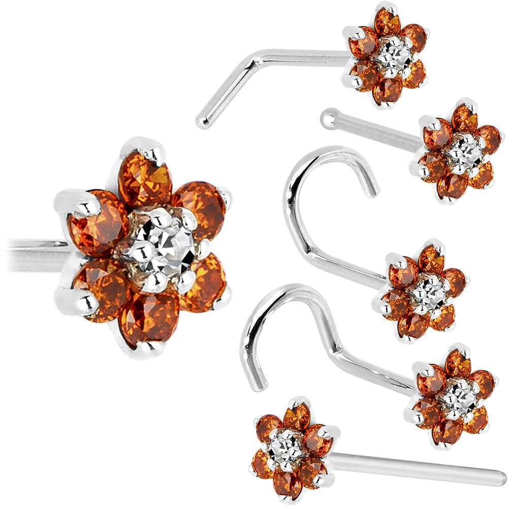 Solid 14KT White Gold Orange and Clear Cubic Zirconia Flower Nose Ring