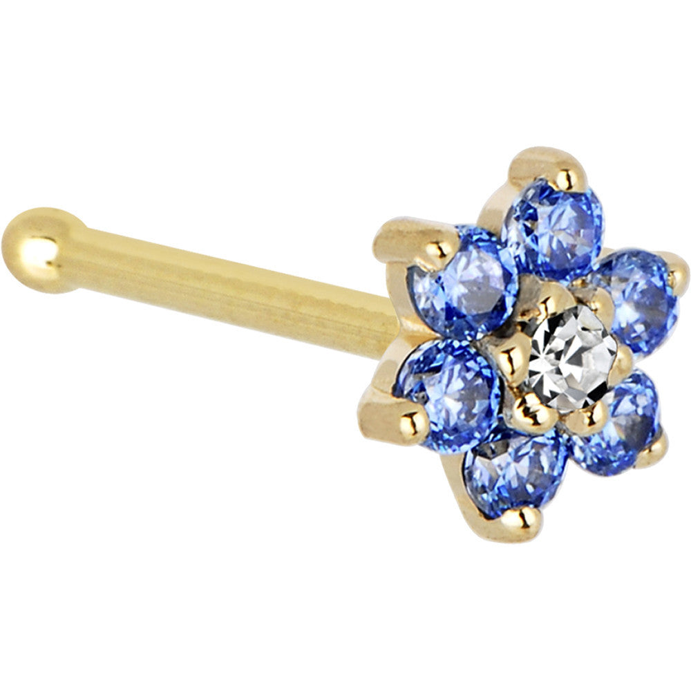 Solid 14KT Yellow Gold Arctic Blue and Clear Cubic Zirconia Flower Nose Ring