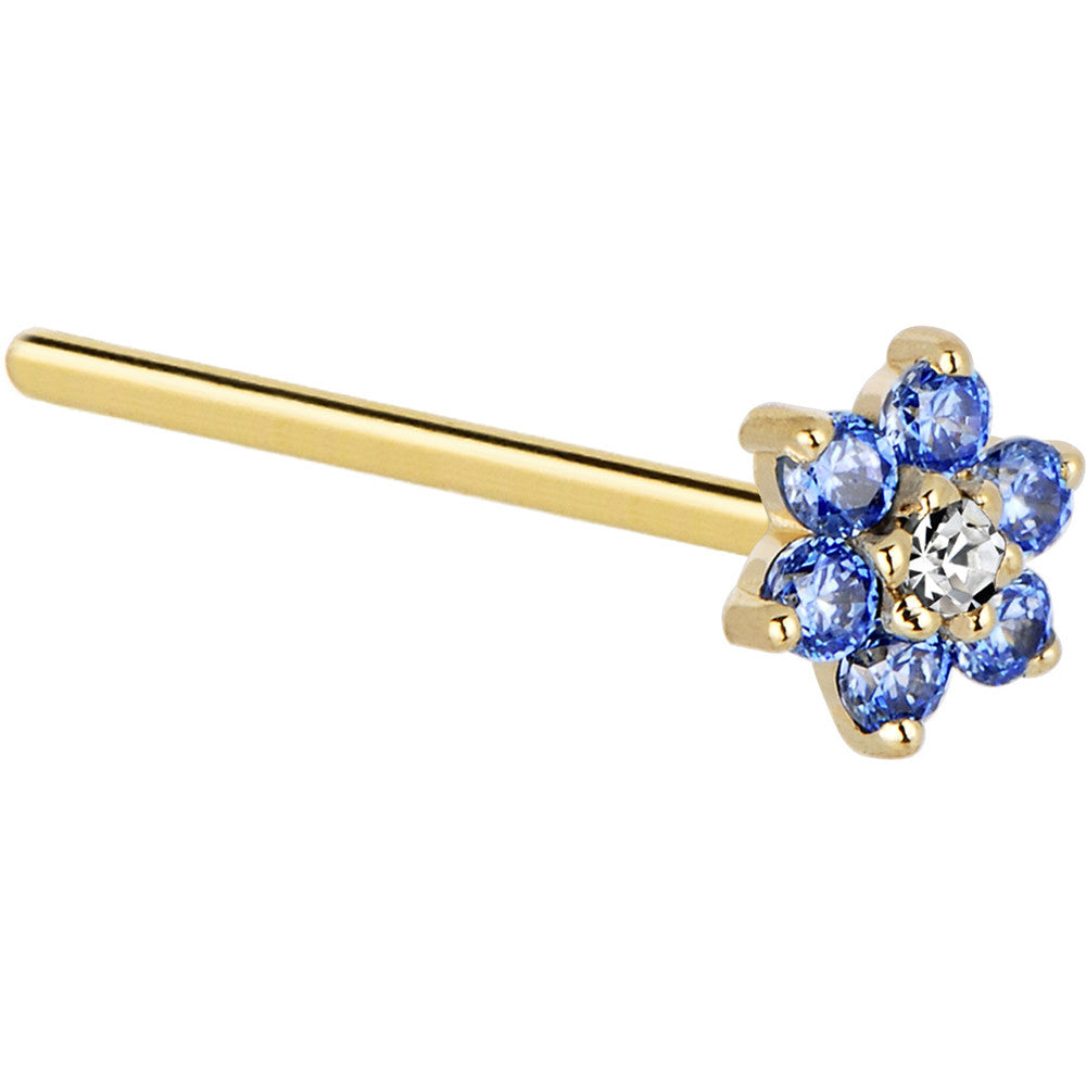 Solid 14KT Yellow Gold Arctic Blue and Clear Cubic Zirconia Flower Nose Ring