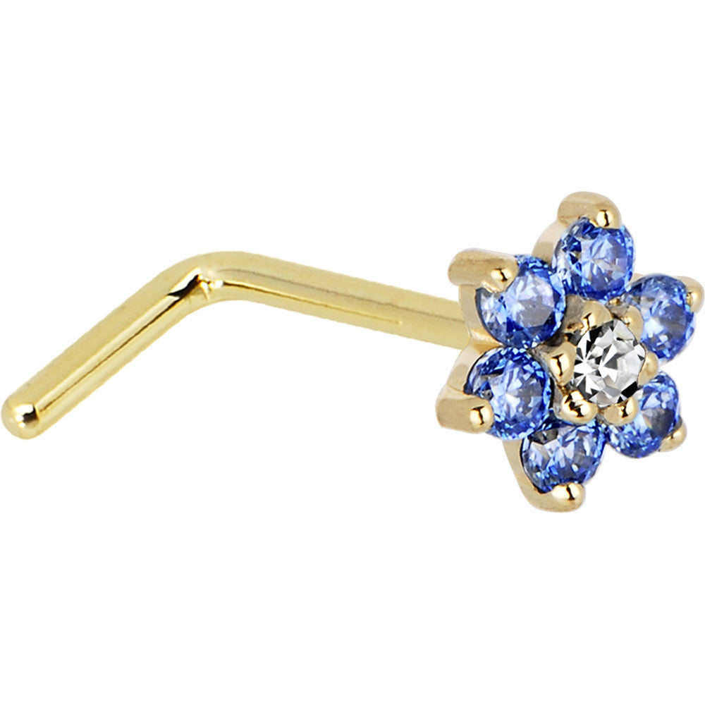 Solid 14KT Yellow Gold Arctic Blue and Clear Cubic Zirconia Flower Nose Ring