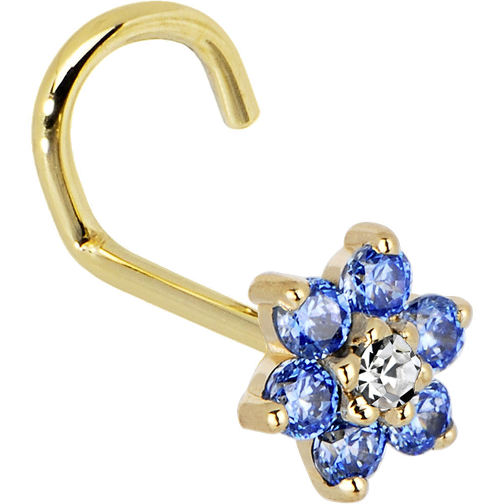 Solid 14KT Yellow Gold Arctic Blue and Clear Cubic Zirconia Flower Nose Ring