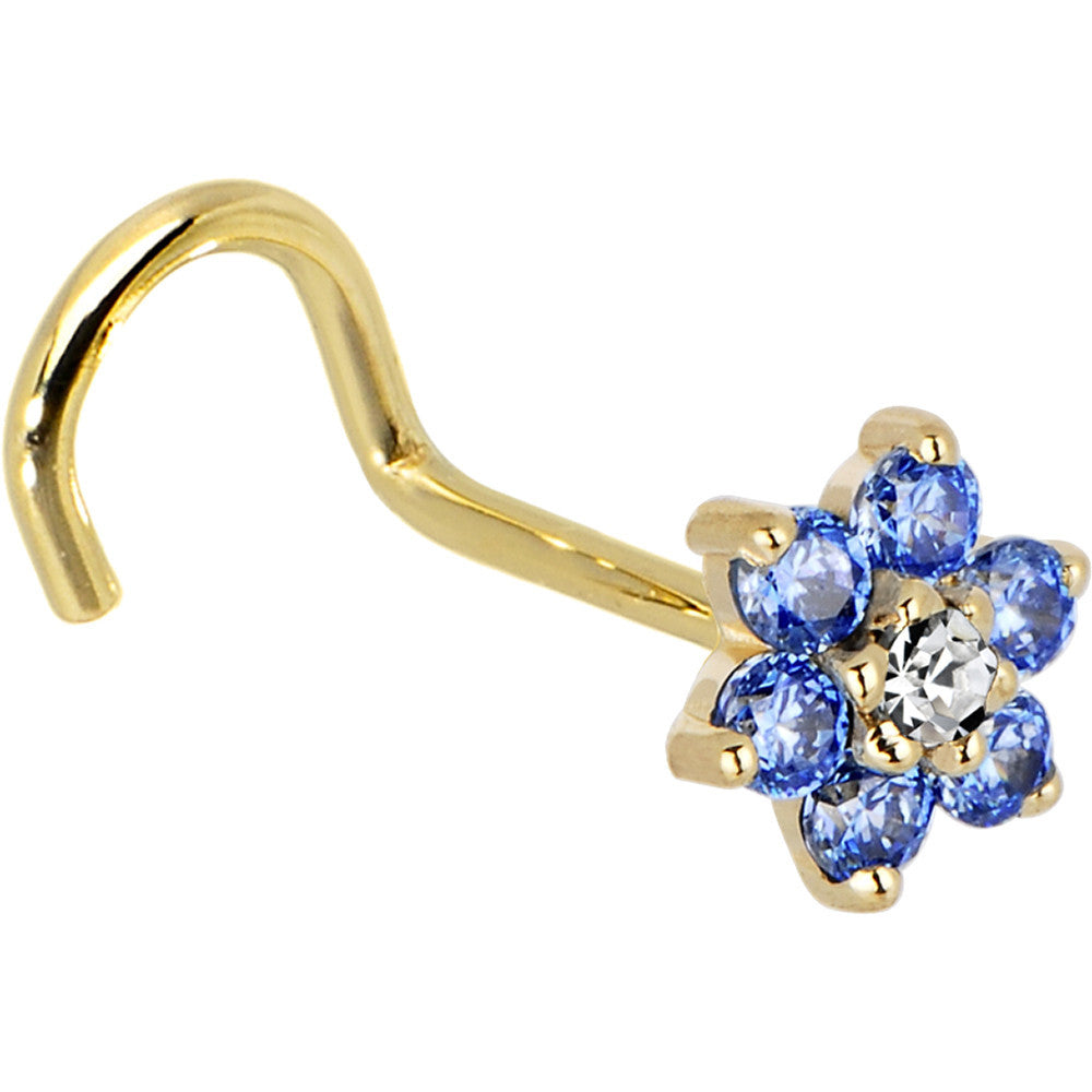 Solid 14KT Yellow Gold Arctic Blue and Clear Cubic Zirconia Flower Nose Ring