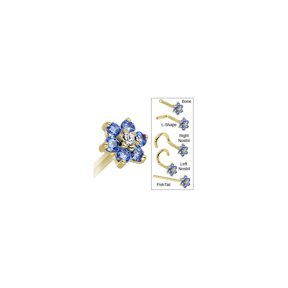 Solid 14KT Yellow Gold Arctic Blue and Clear Cubic Zirconia Flower Nose Ring