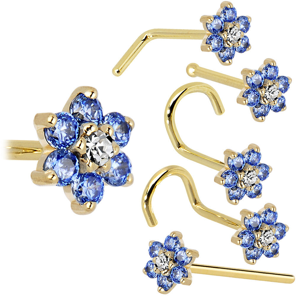 Solid 14KT Yellow Gold Arctic Blue and Clear Cubic Zirconia Flower Nose Ring