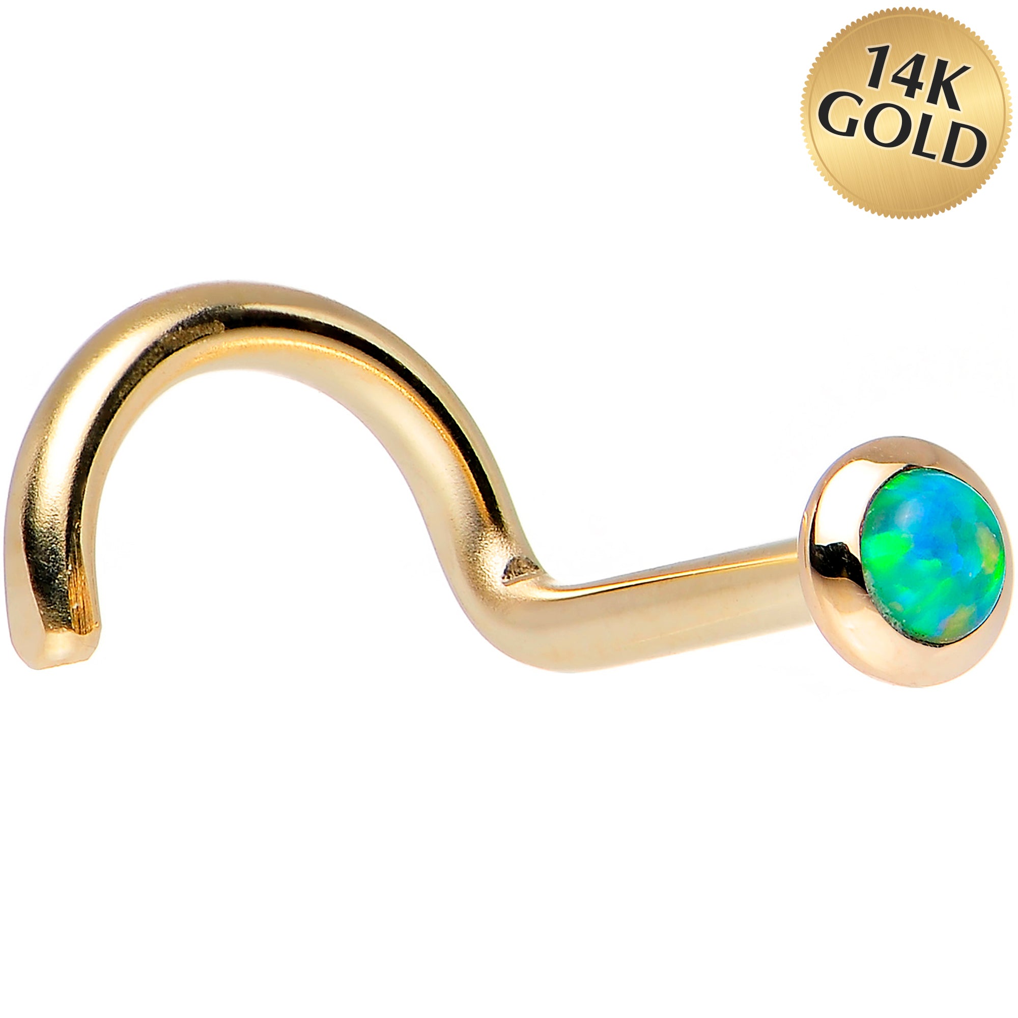 14kt Yellow Gold 2mm Lime Synthetic Opal Nose Ring L-shape