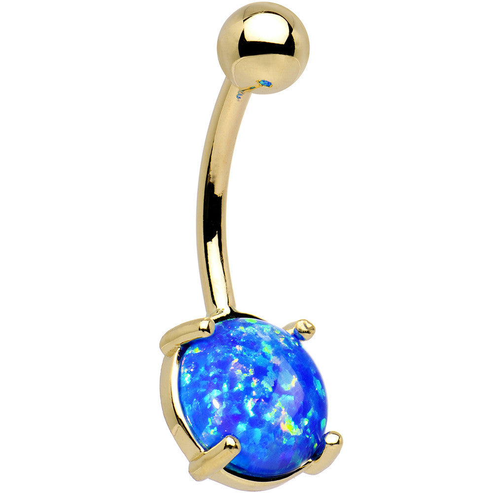 Solid 14kt Yellow Gold 8mm Blue Synthetic Opal Belly Ring