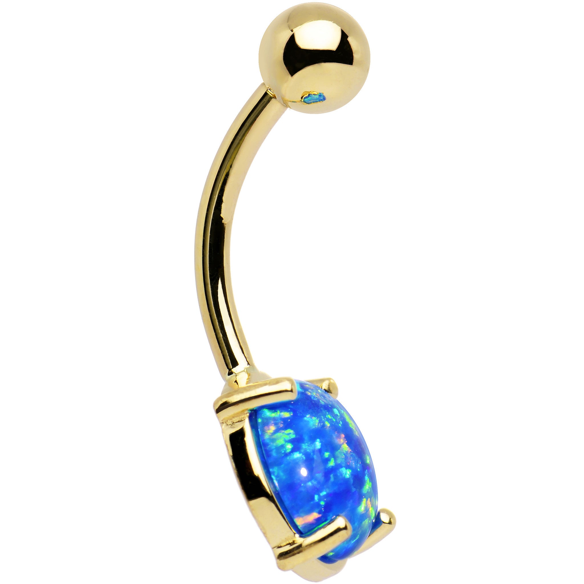 Solid 14kt Yellow Gold 8mm Blue Synthetic Opal Belly Ring