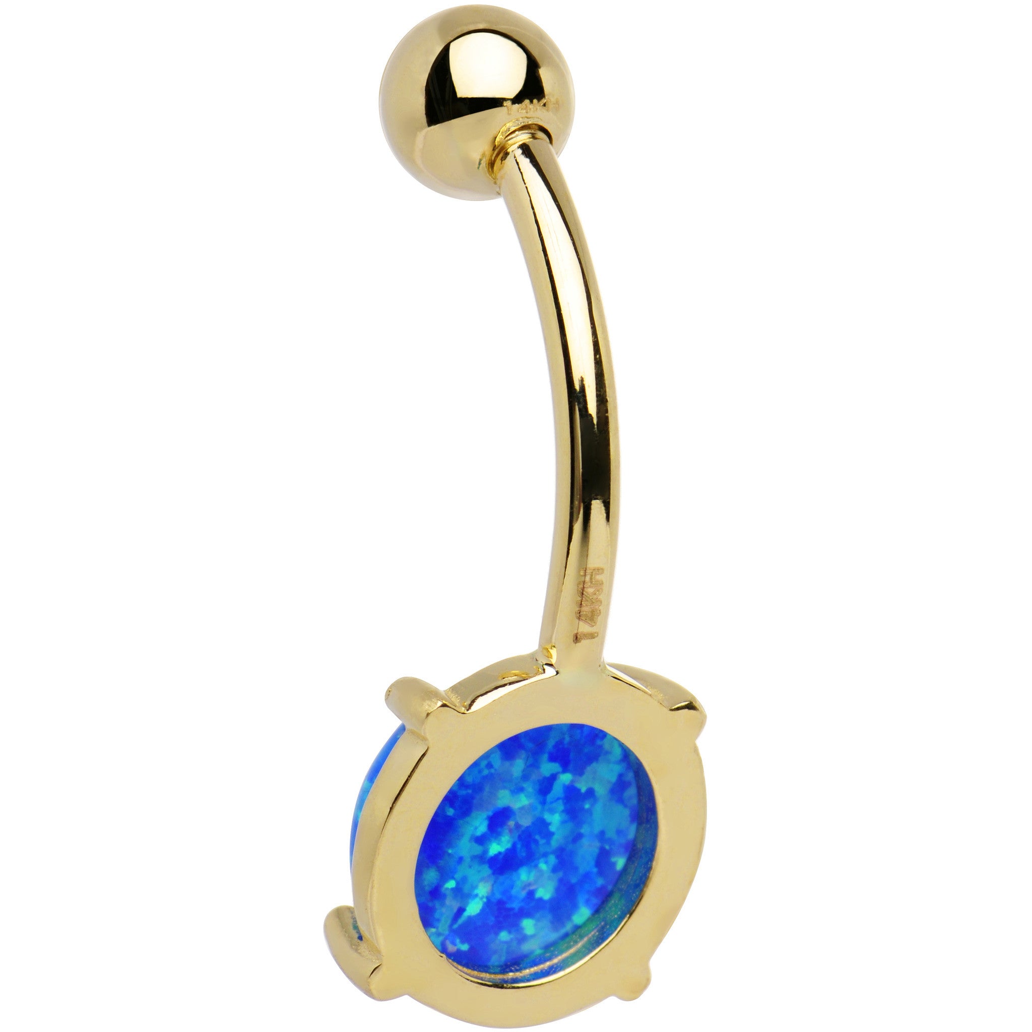 Solid 14kt Yellow Gold 8mm Blue Synthetic Opal Belly Ring