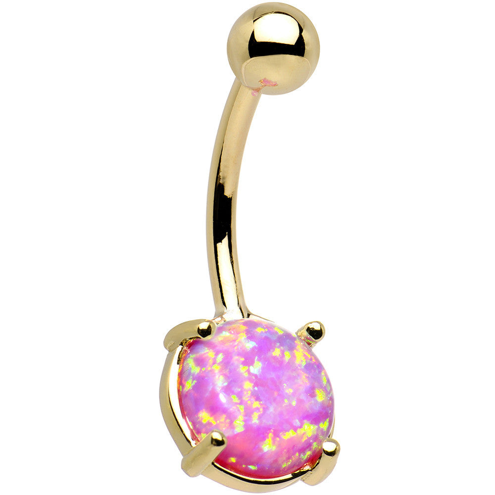 Solid 14kt Yellow Gold 8mm Fuchsia Synthetic Opal Belly Ring