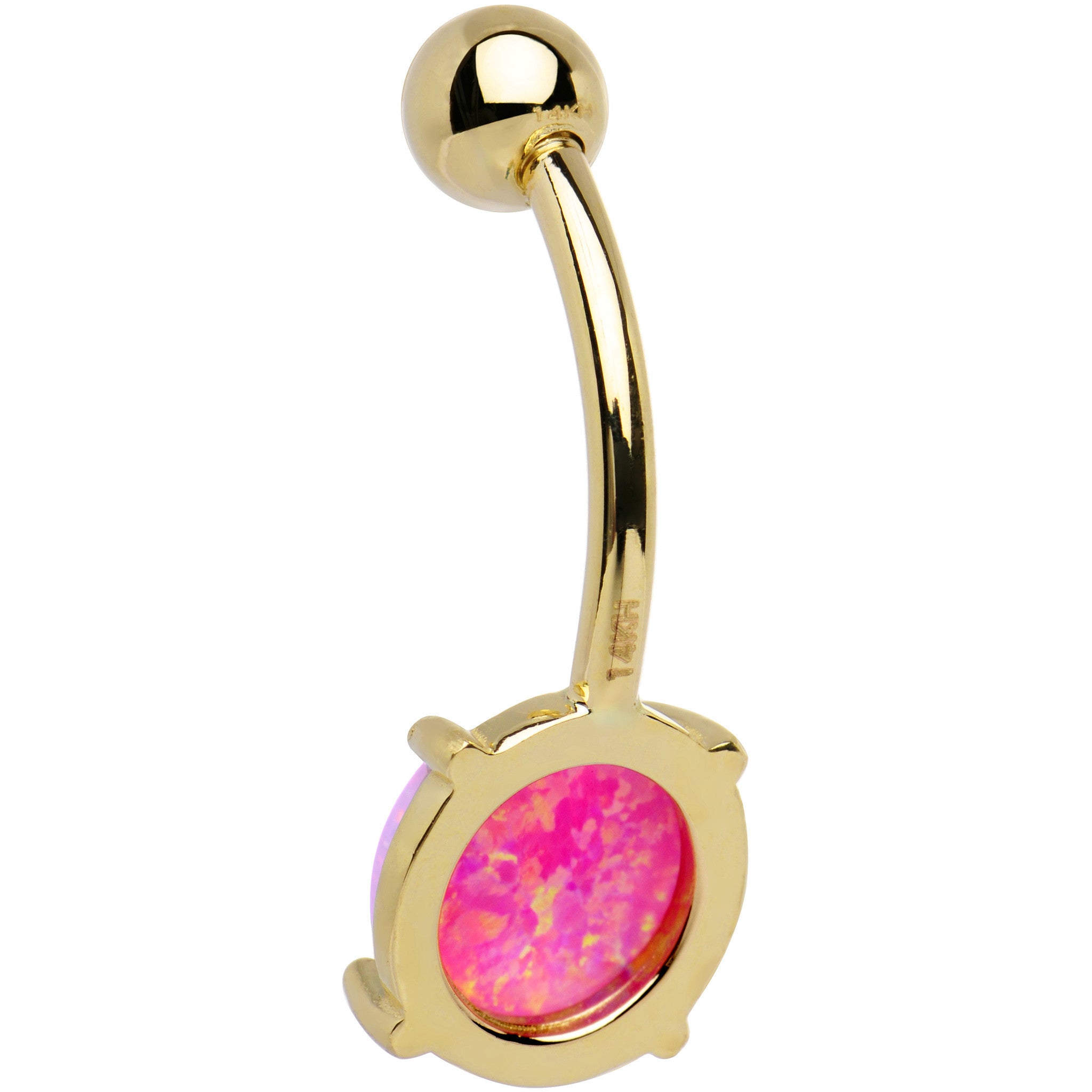 Solid 14kt Yellow Gold 8mm Fuchsia Synthetic Opal Belly Ring