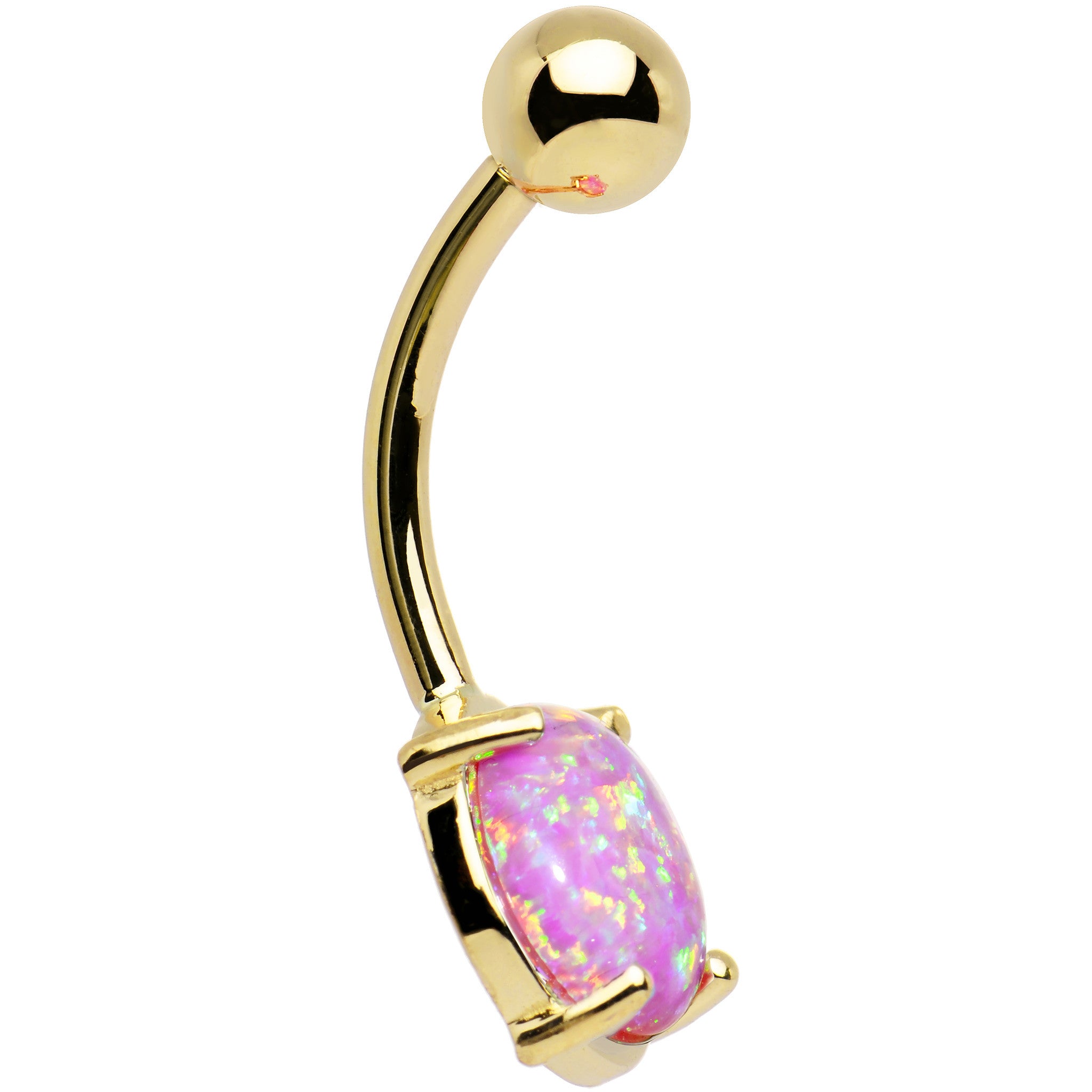 Solid 14kt Yellow Gold 8mm Fuchsia Synthetic Opal Belly Ring