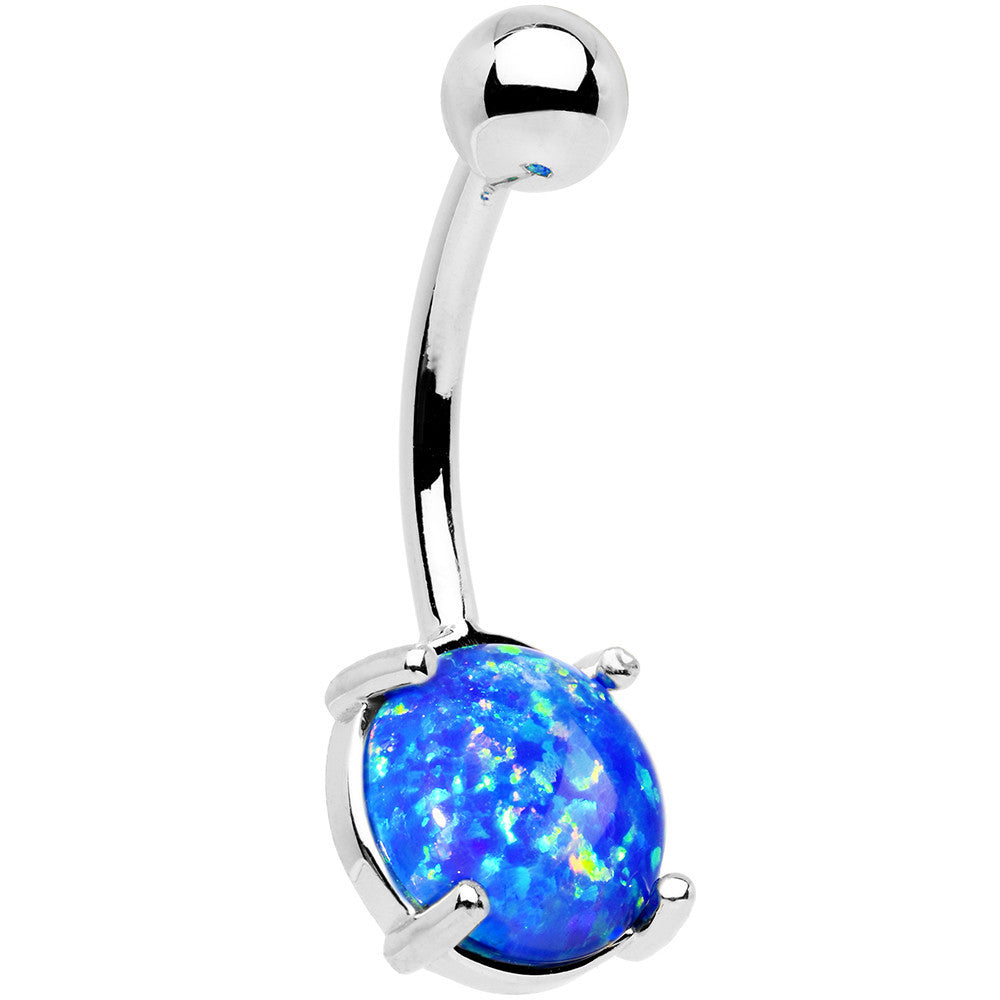 Solid 14kt White Gold 8mm Blue Synthetic Opal Belly Ring