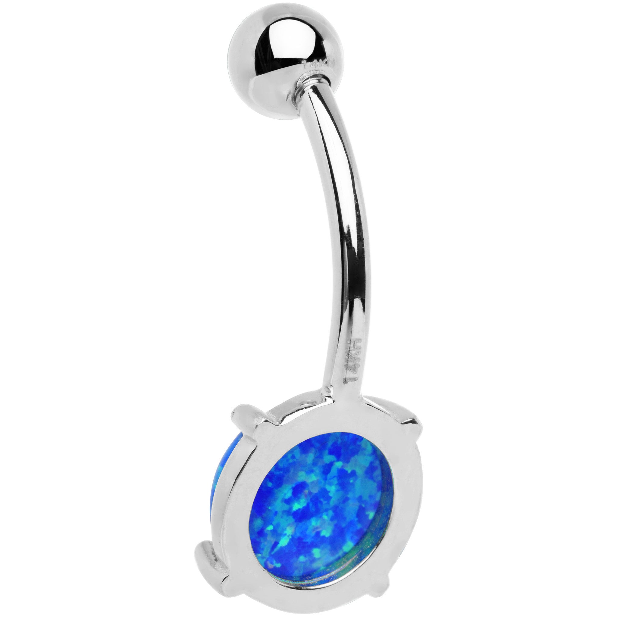 Solid 14kt White Gold 8mm Blue Synthetic Opal Belly Ring