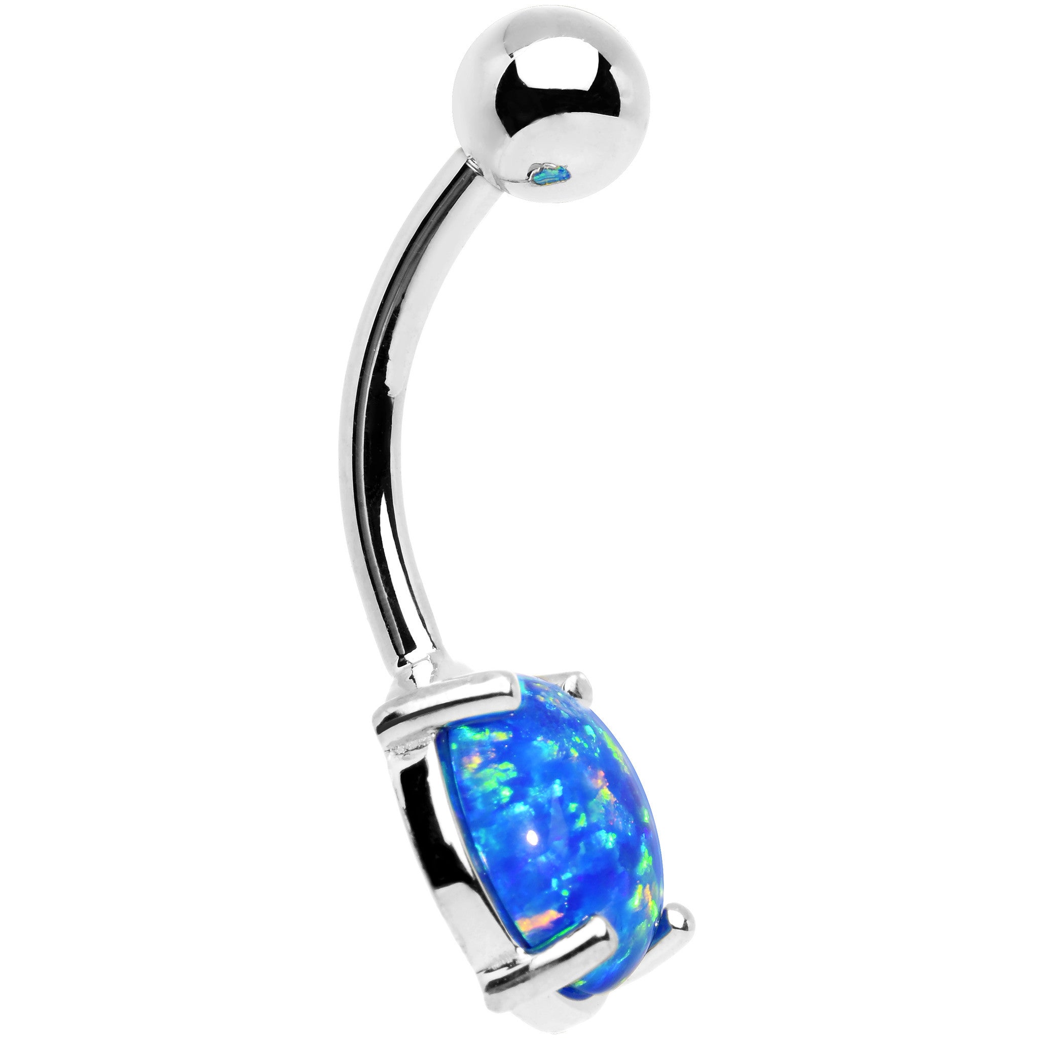 Solid 14kt White Gold 8mm Blue Synthetic Opal Belly Ring