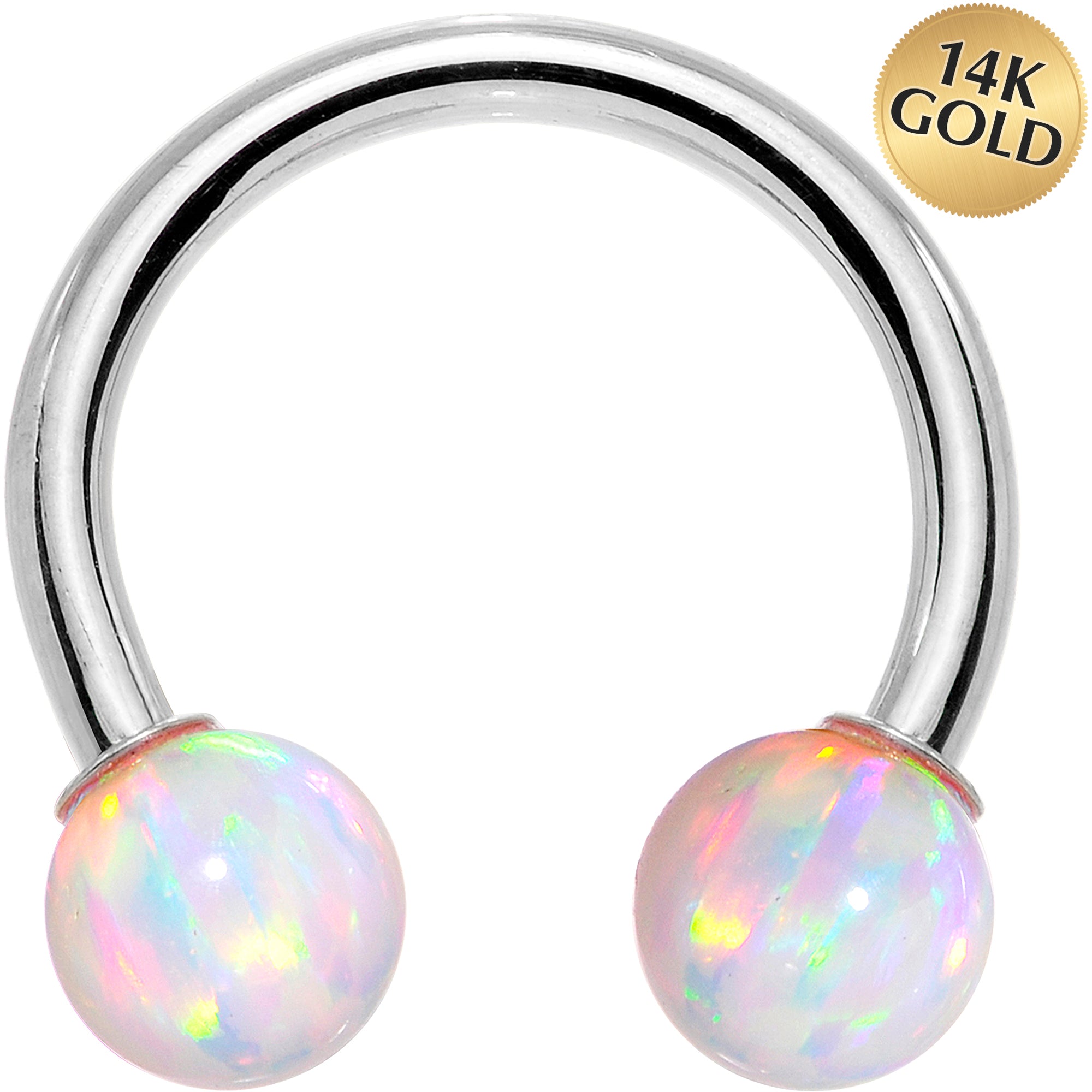 14 Gauge Solid 14KT White Gold White Synthetic Opal Horseshoe Barbell