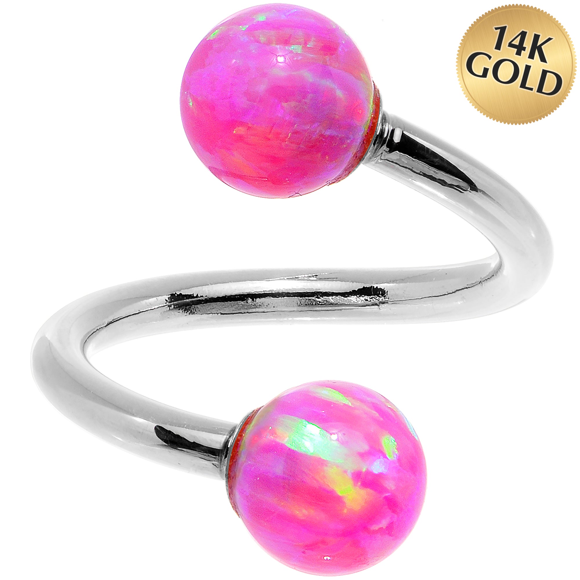 14kt White Gold Fuchsia Synthetic Opal Spiral Twister 14 Gauge 7/16