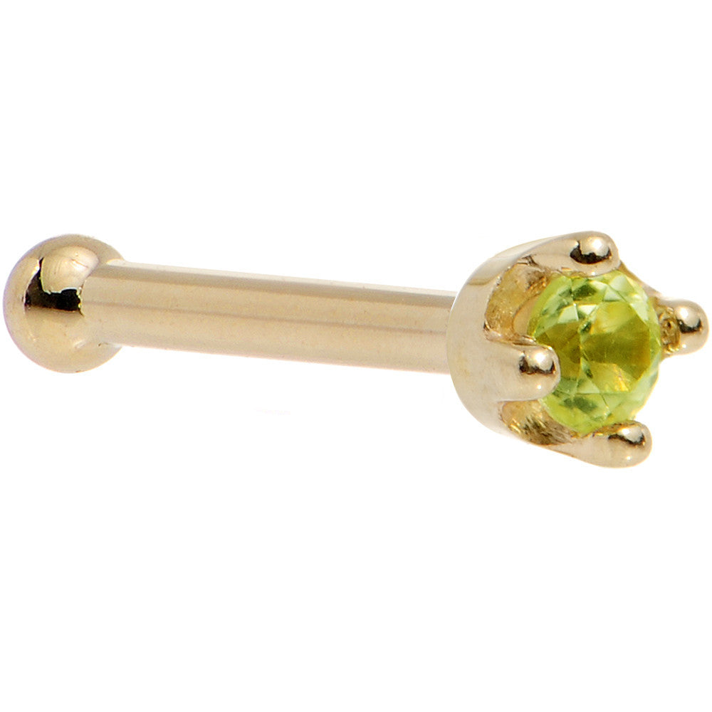 Solid 14KT Yellow Gold (August) 1.5mm Genuine Peridot Nose Ring