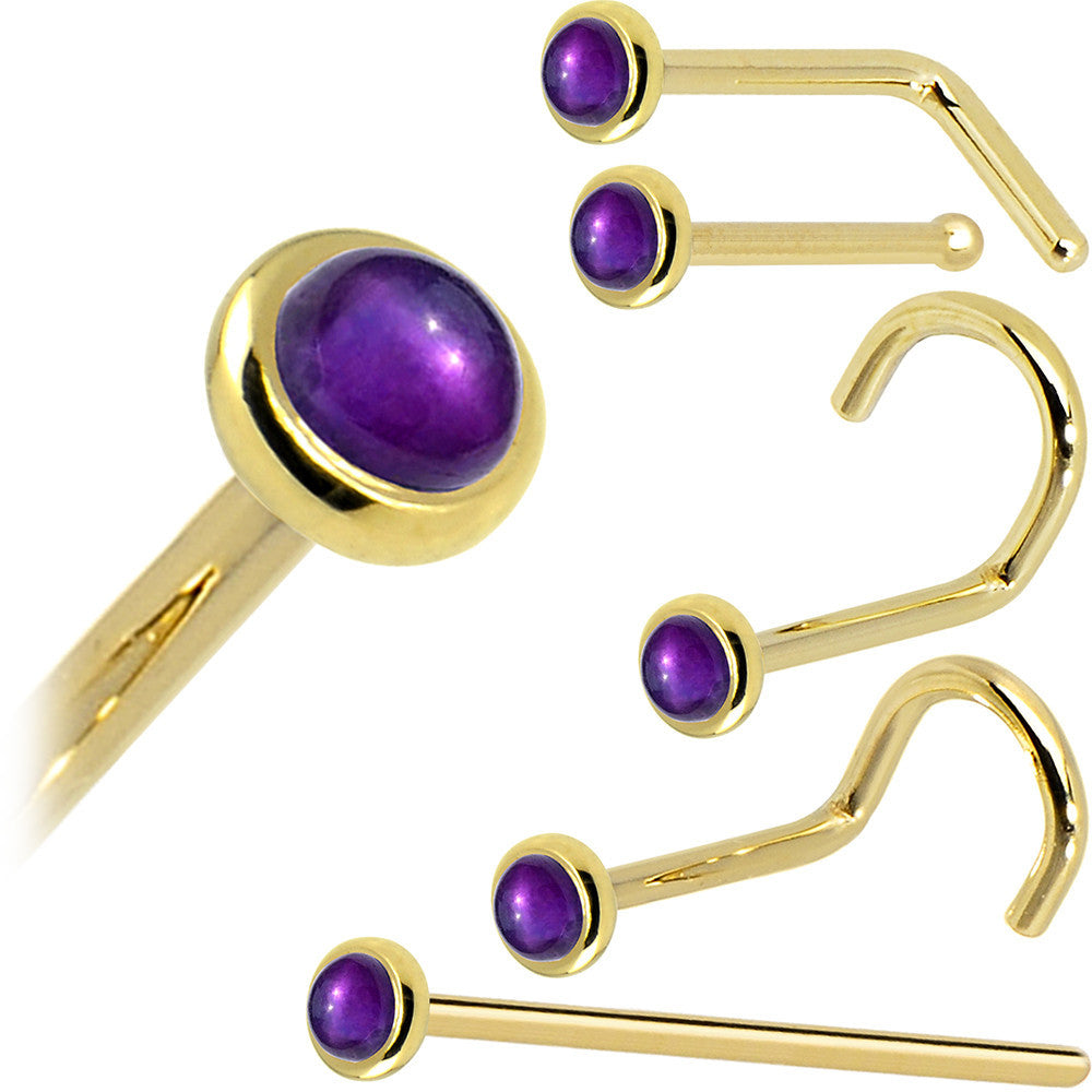 Solid 14KT Yellow Gold (February) 2mm Genuine Amethyst Nose Ring