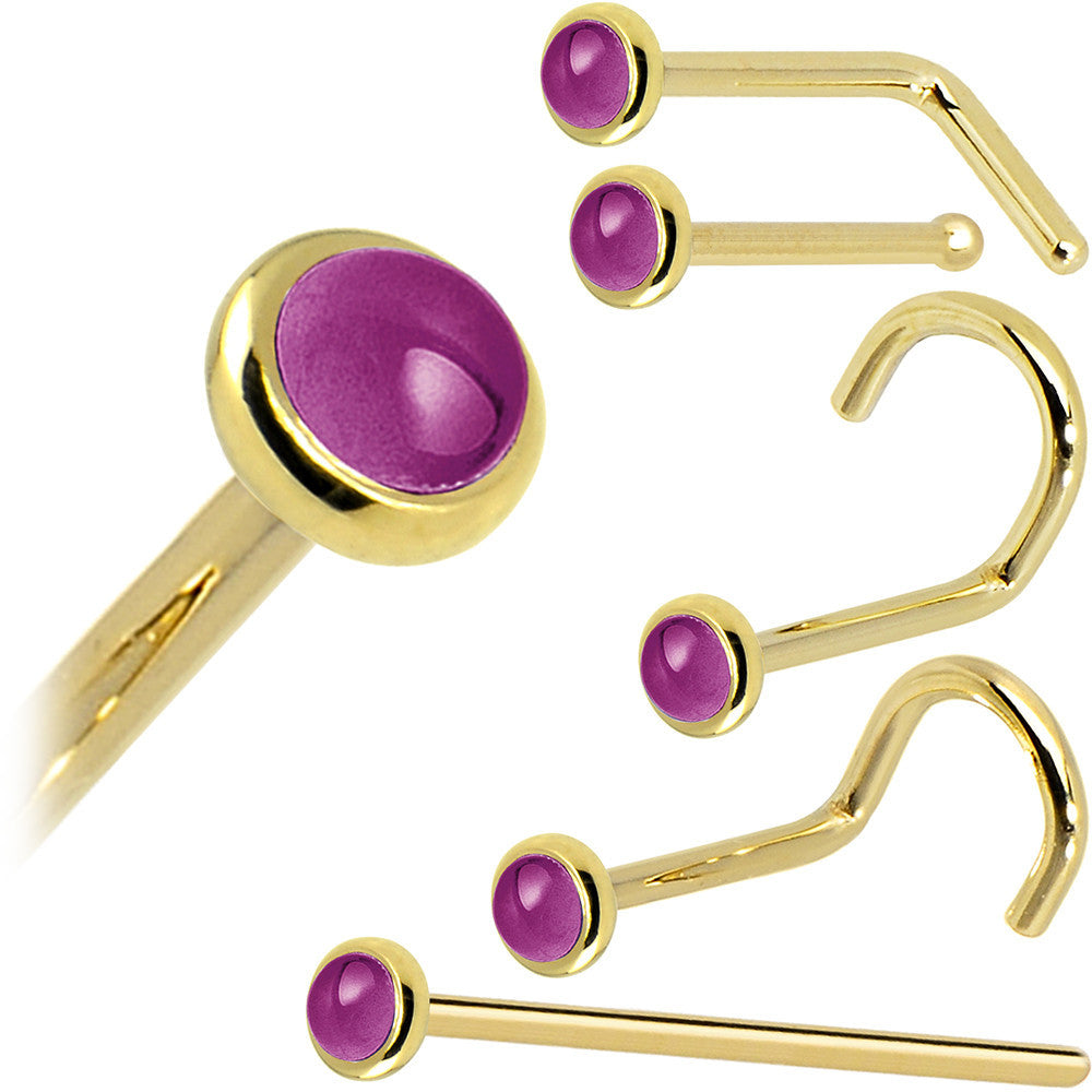 Solid 14KT Yellow Gold 2mm Genuine Pink Garnet Nose Ring