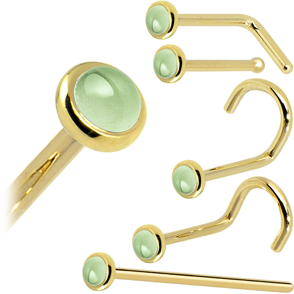 Solid 14KT Yellow Gold (August) 2mm Genuine Peridot Nose Ring