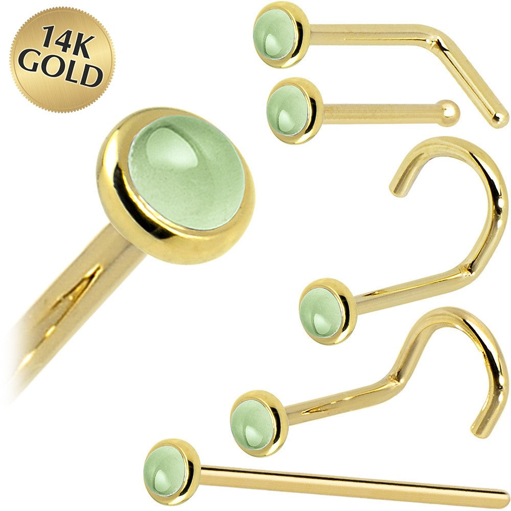 Solid 14KT Yellow Gold (August) 2mm Genuine Peridot Nose Ring