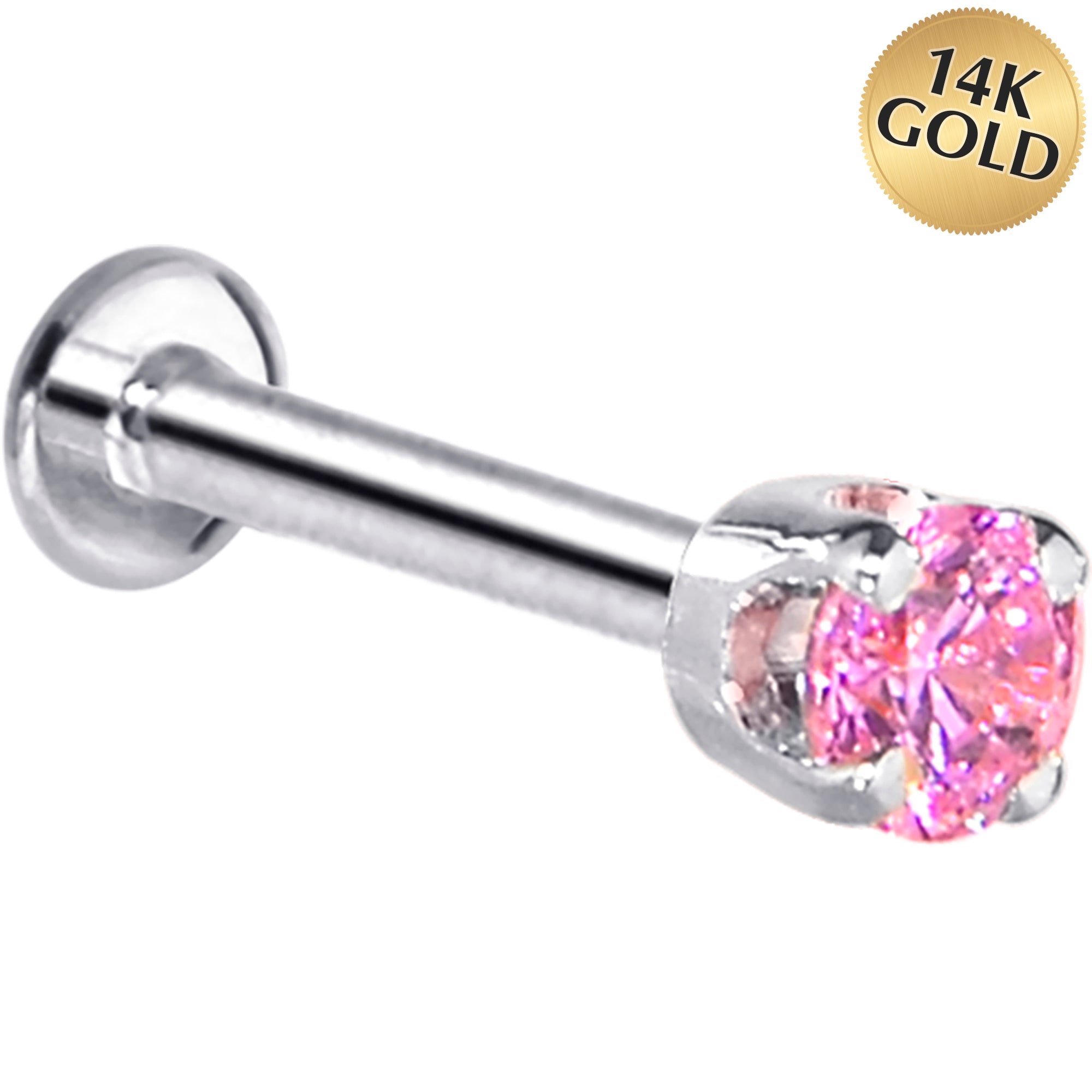 16 Gauge Solid 14KT White Gold 3mm Pink Cubic Zirconia Tragus Earring Stud