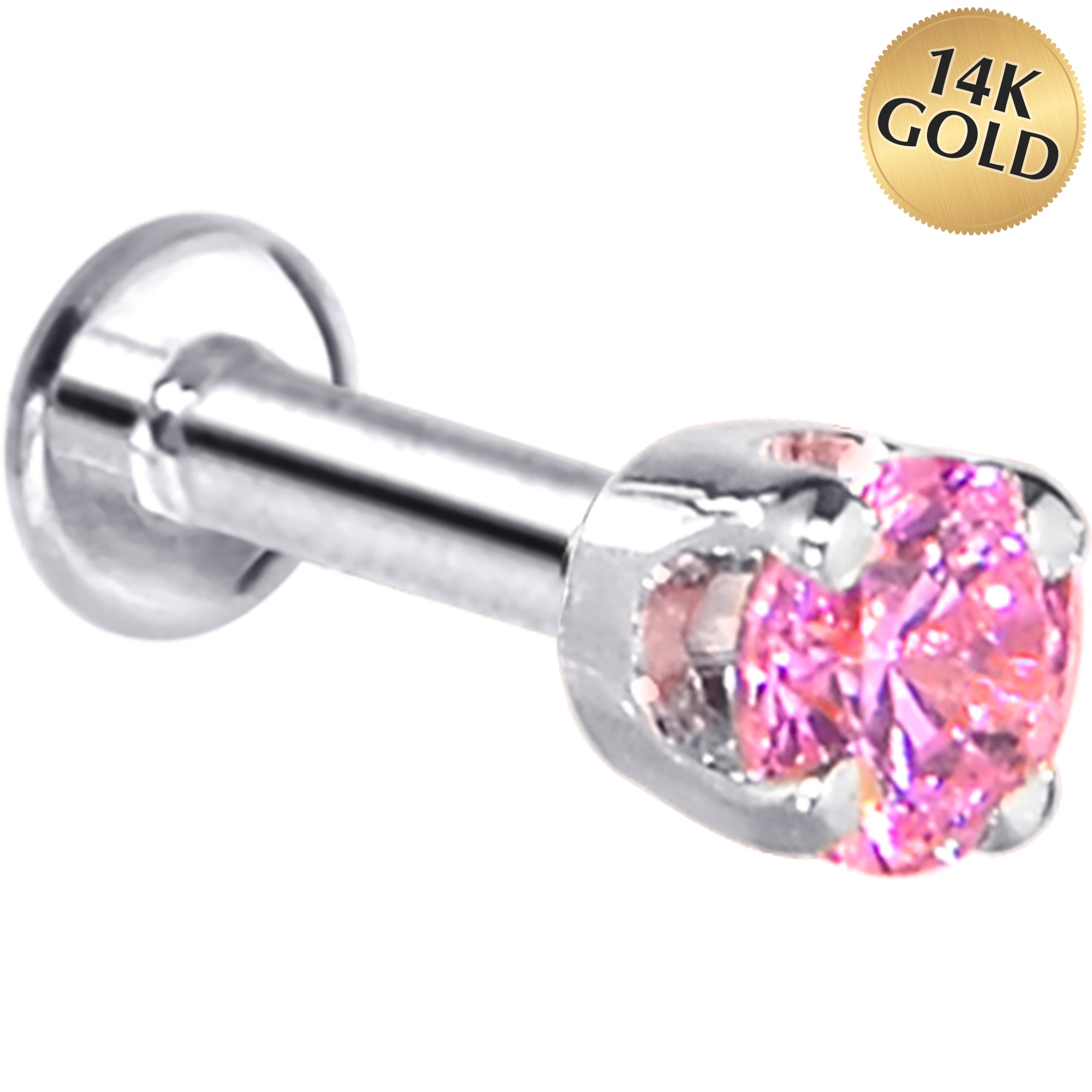 16 Gauge Solid 14KT White Gold 3mm Pink Cubic Zirconia Tragus Earring Stud