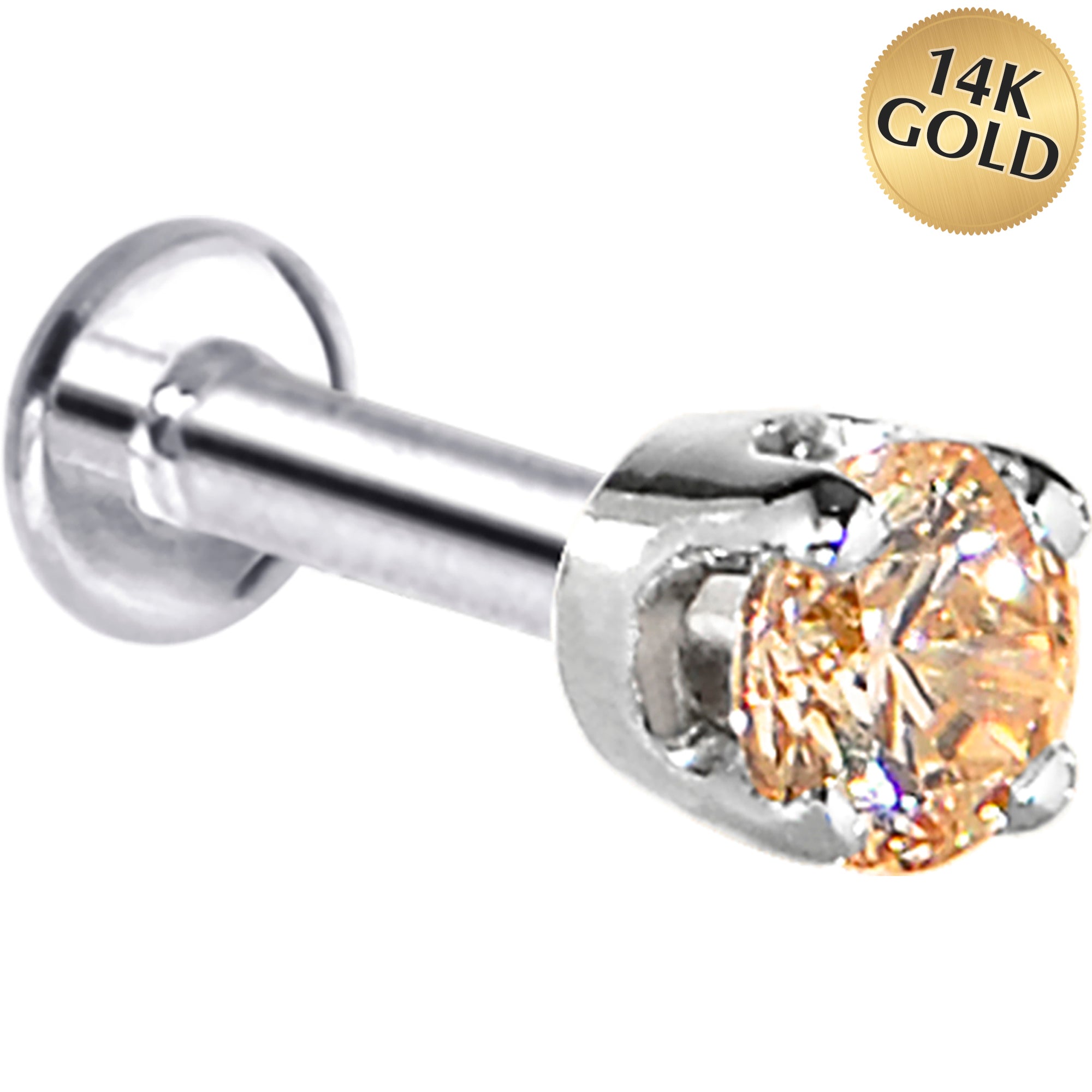 16 Gauge Solid 14KT White Gold 3mm Champagne Cubic Zirconia Tragus Earring Stud