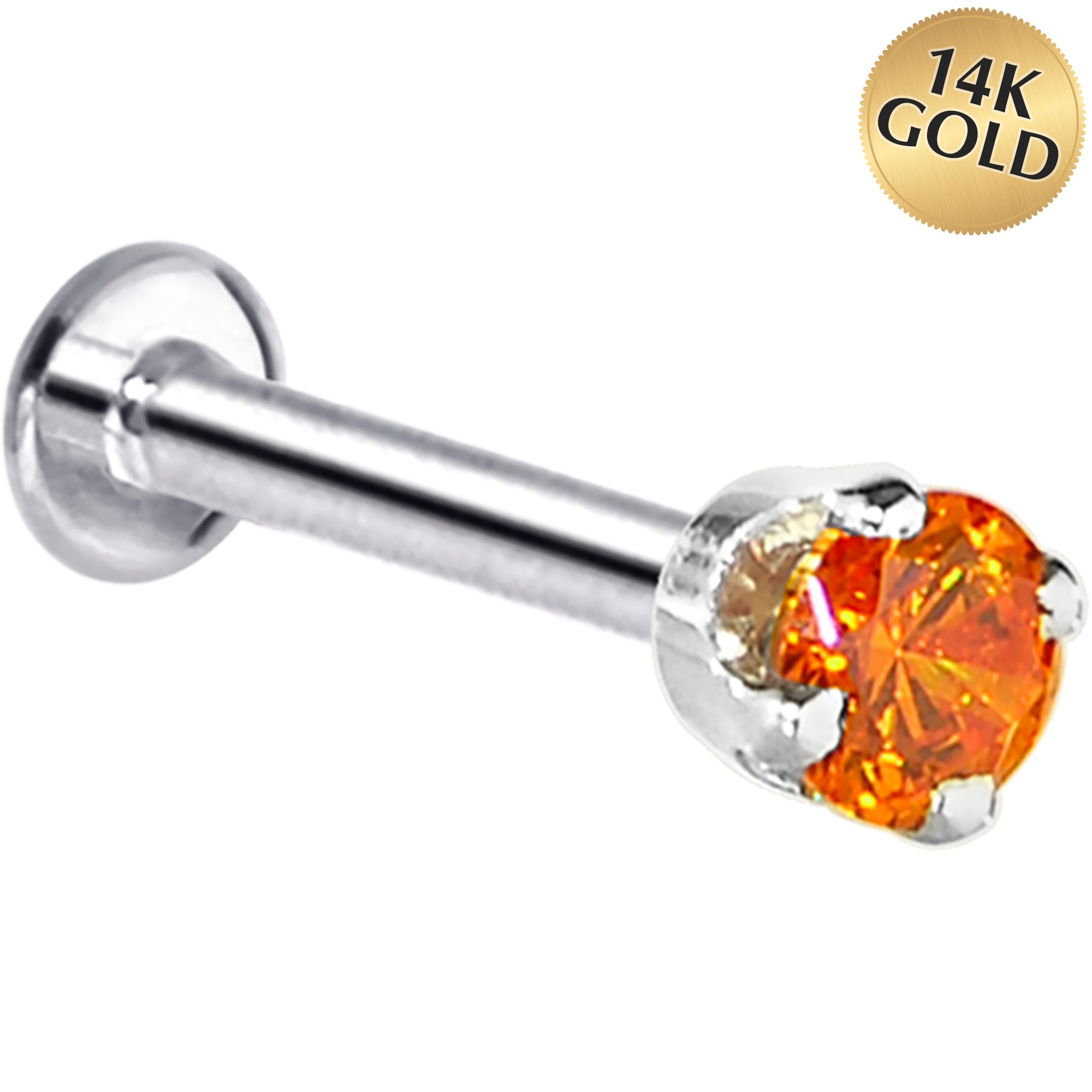 16 Gauge Solid 14KT White Gold 3mm Orange Cubic Zirconia Tragus Earring Stud