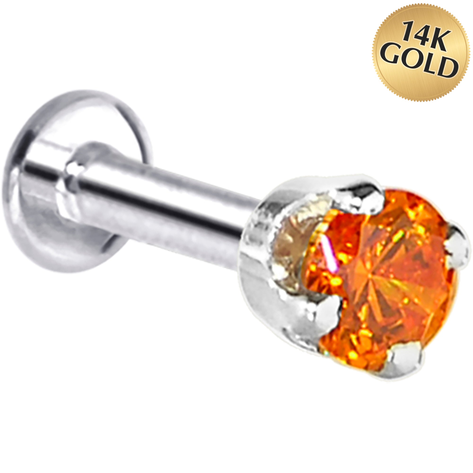 16 Gauge Solid 14KT White Gold 3mm Orange Cubic Zirconia Tragus Earring Stud