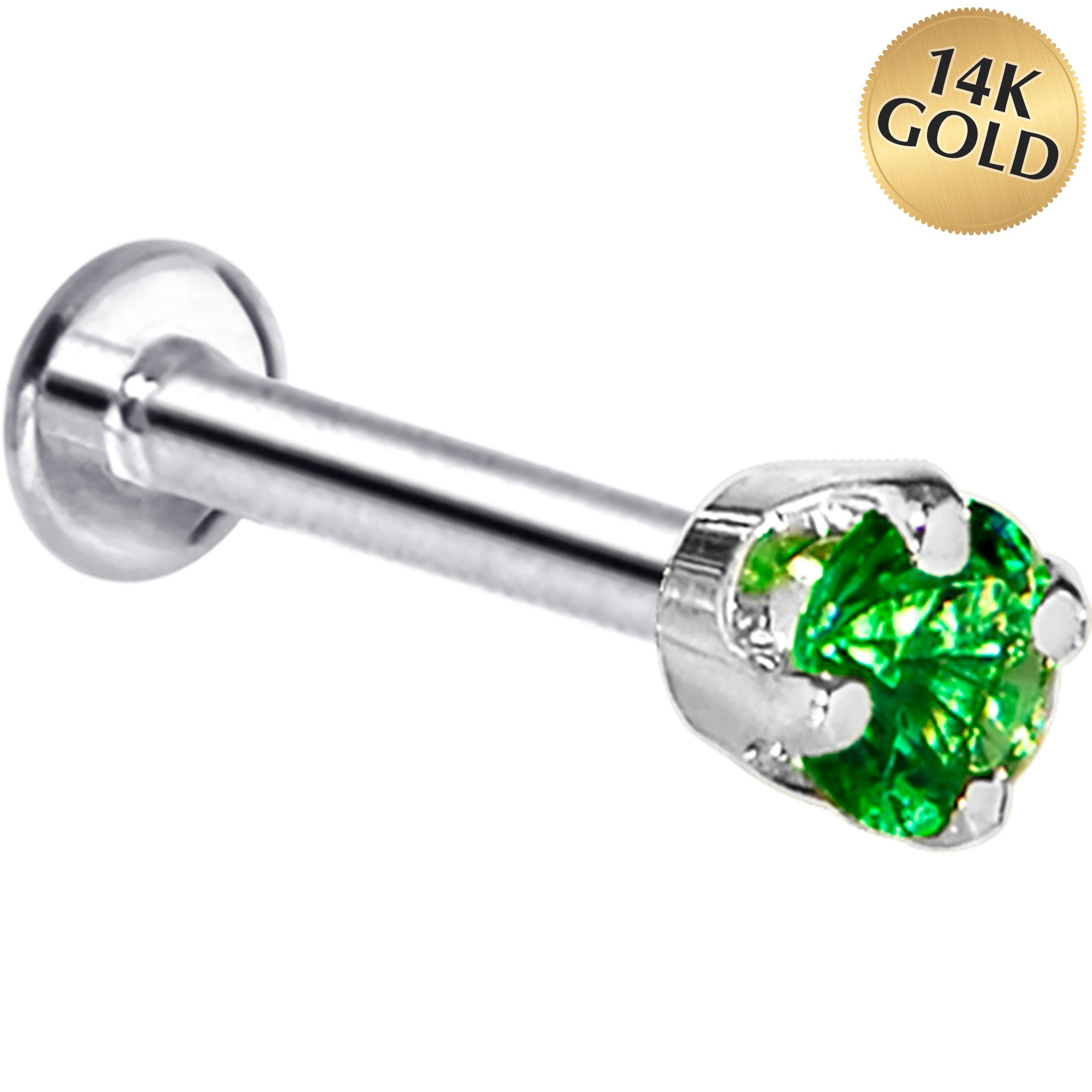 16 Gauge Solid 14KT White Gold 3mm Green Cubic Zirconia Tragus Earring Stud