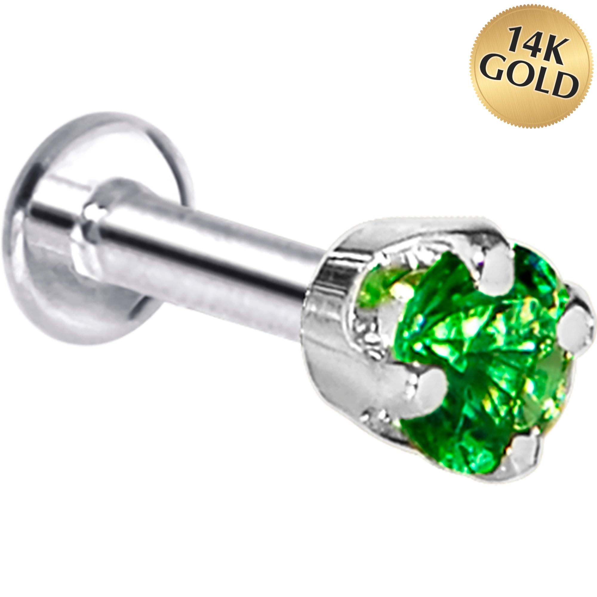 16 Gauge Solid 14KT White Gold 3mm Green Cubic Zirconia Tragus Earring Stud