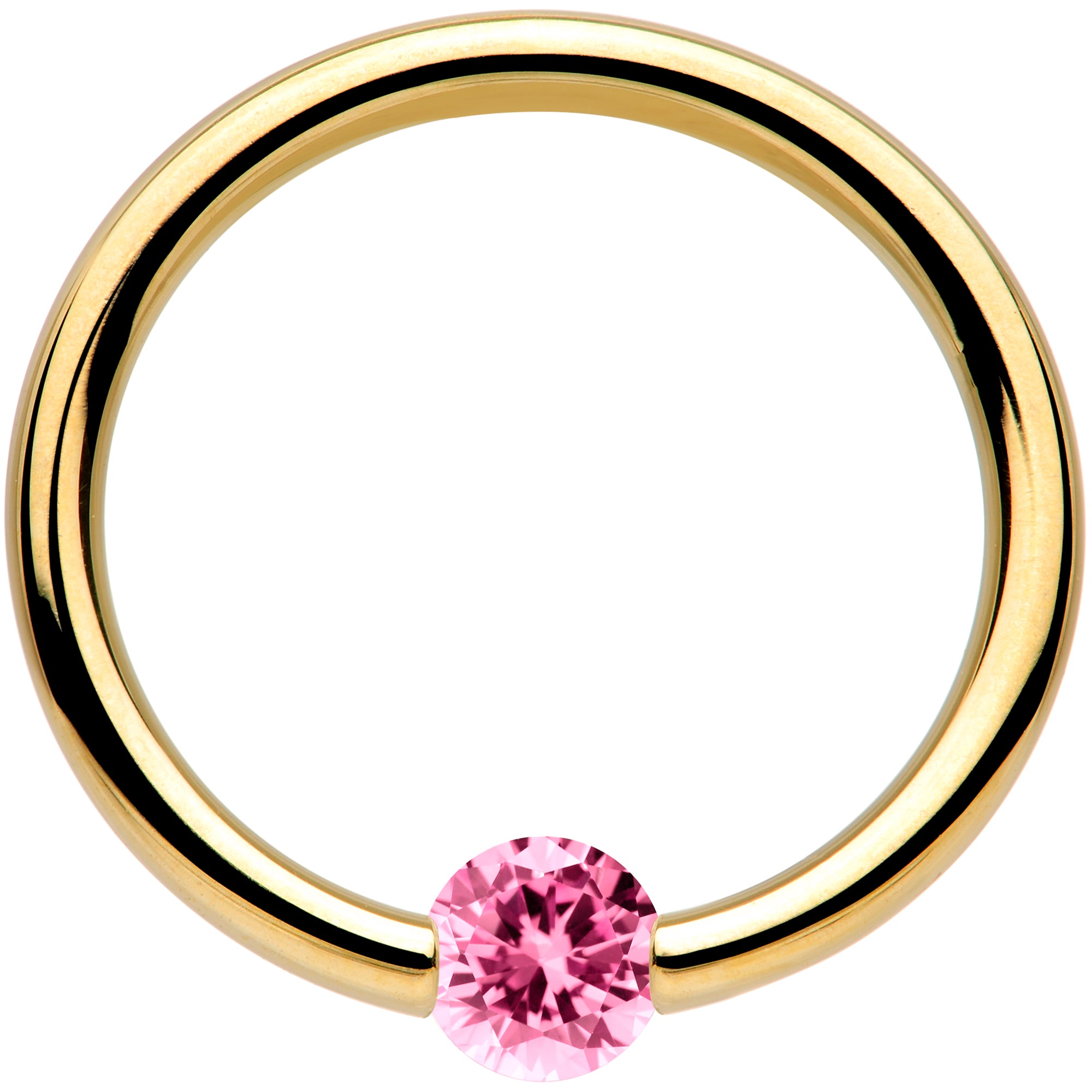 16 Gauge 3/8 Solid 14k Yellow Gold 3mm Pink Cubic Zirconia Tension Captive Ring