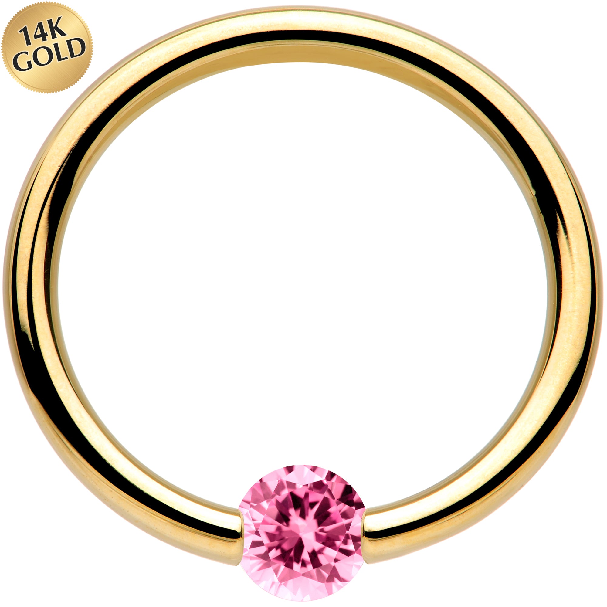 16 Gauge 3/8 Solid 14k Yellow Gold 3mm Pink Cubic Zirconia Tension Captive Ring