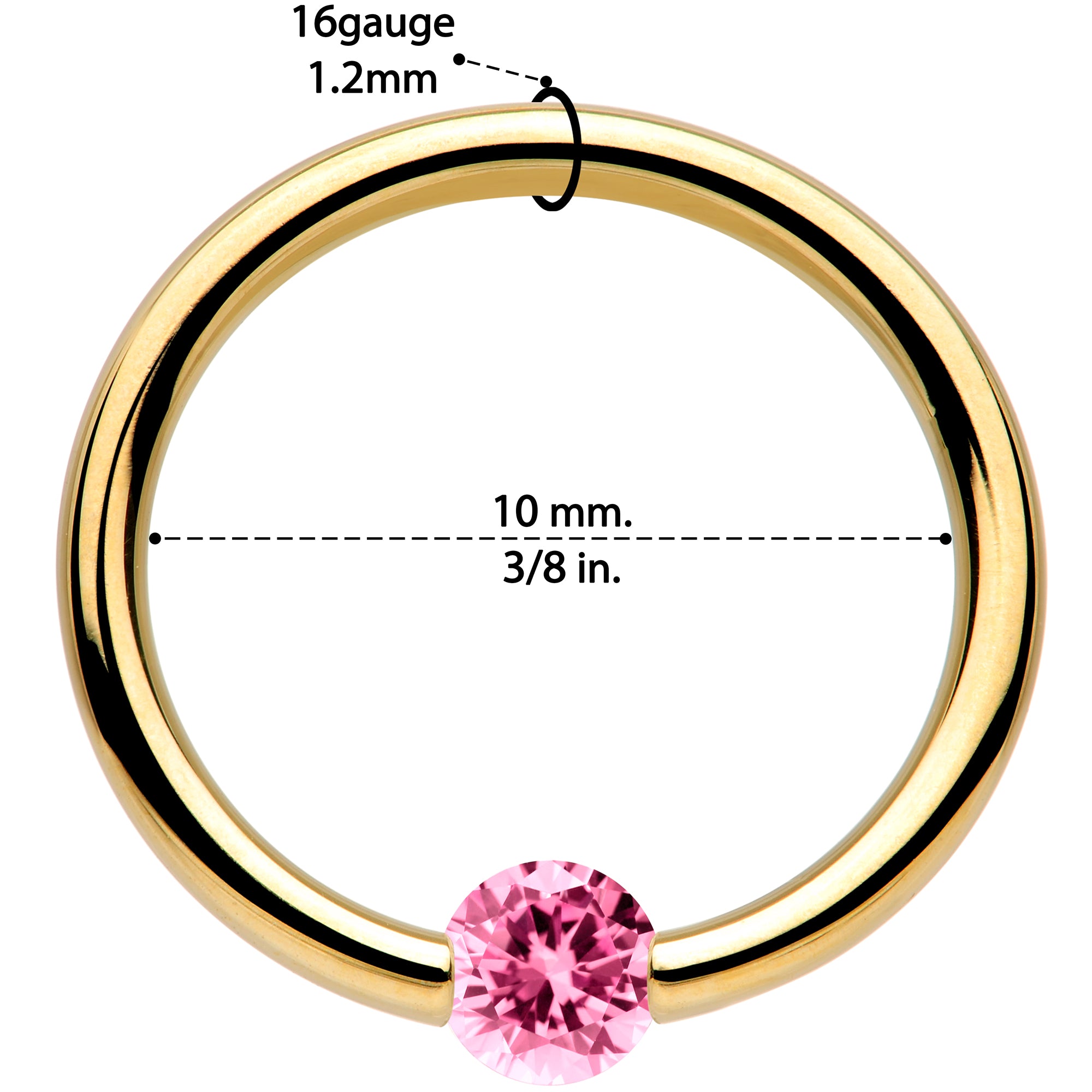 16 Gauge 3/8 Solid 14k Yellow Gold 3mm Pink Cubic Zirconia Tension Captive Ring